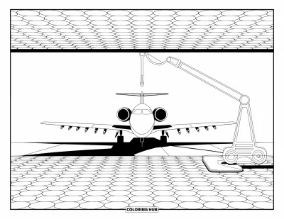 Fargeleggingsark med jetfly for voksne: Et parkert jetfly med tankingsarm sitter på flislagte flyplassgulv med gjentakende sirkler