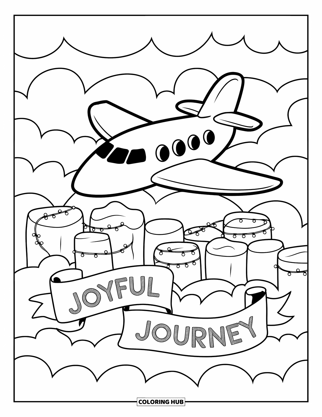 Jet Coloring Page for Adults: A plush toy jet drifts above a cloud city of marshmallow buildings and fairy lights
