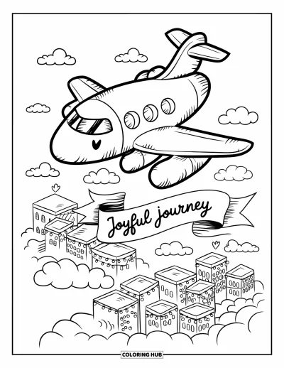 Fargeleggingsark med jagerfly for voksne: Et fly sitter inne i en detaljert glassmaleri-himmel fylt med stjerner og former