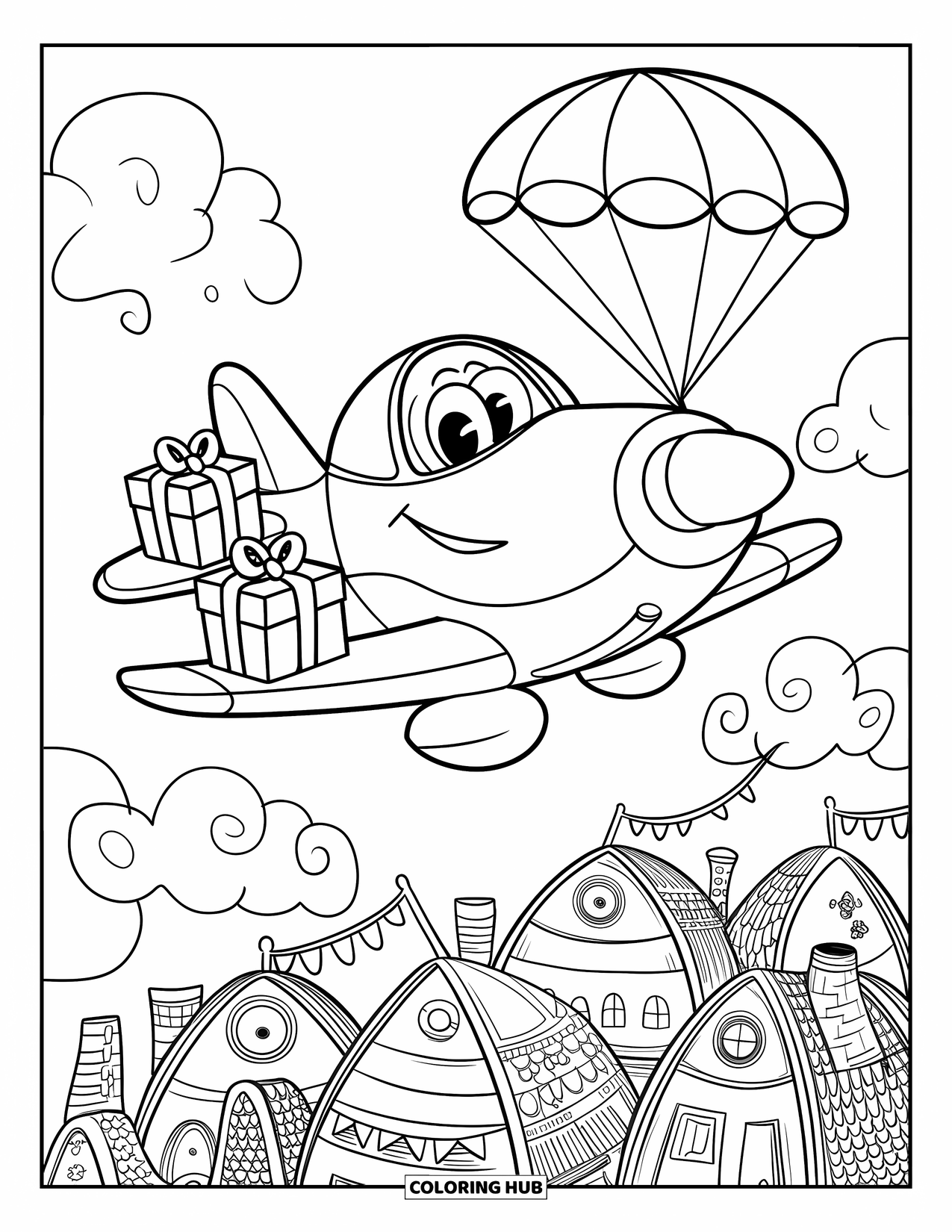 Jet Coloring Page for Adults: A smiling jet drops gift boxes with a parachute over a town of round houses