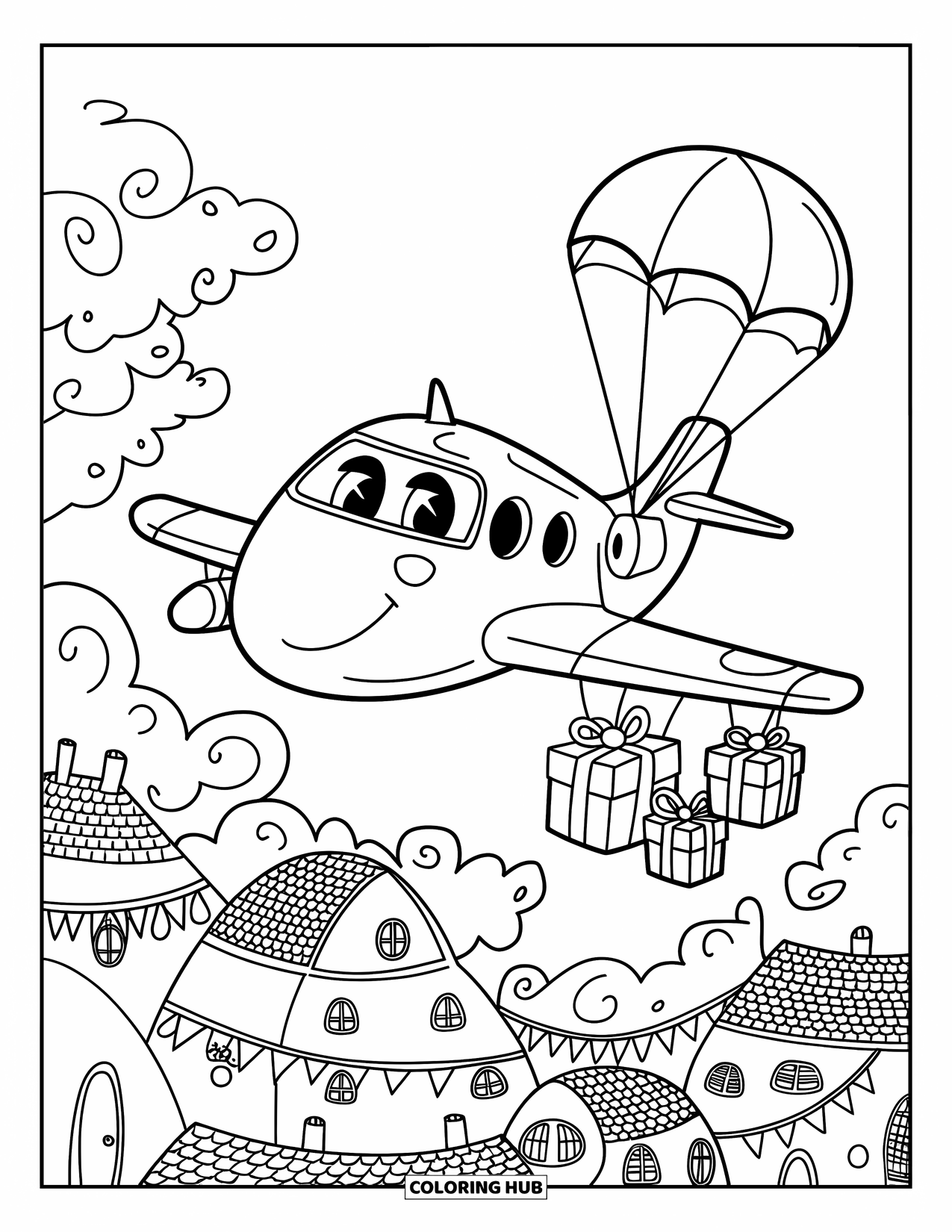 Jet Coloring Page for Adults: A smiling jet releases gift boxes by parachute above a whimsical town with swirly clouds