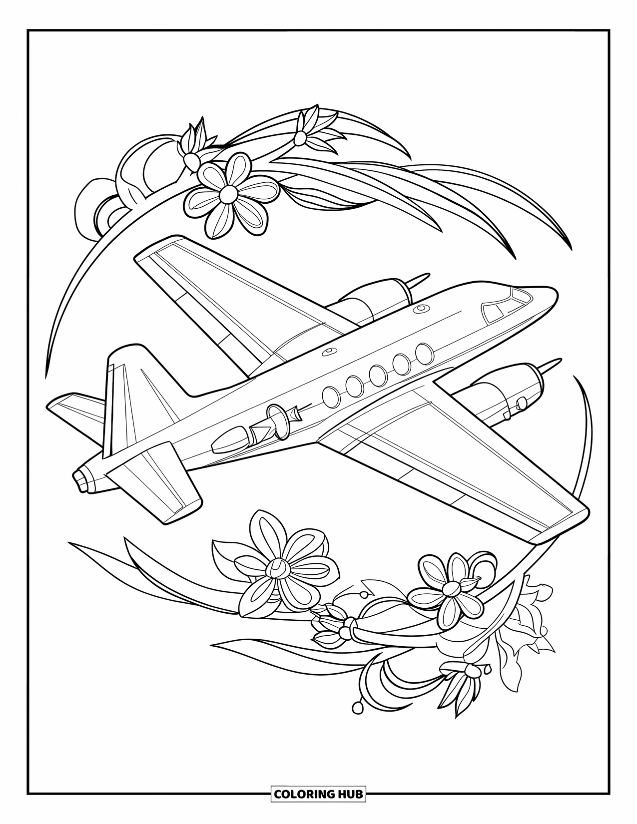 Jet Coloring Page for Adults: A vintage jet side view framed by floral vines and elegant swirling shapes
