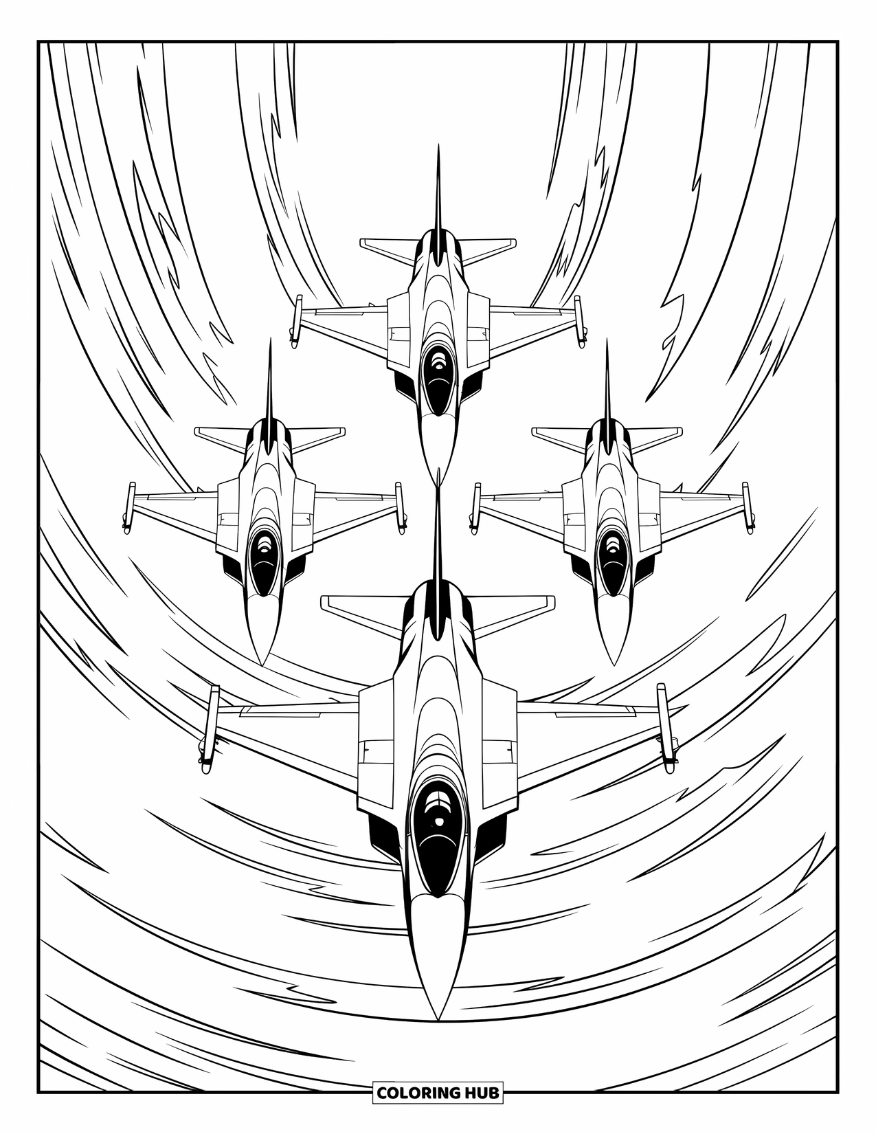 Jet Coloring Page for Adults: Four fighter jets fly in a V-formation leaving spiraling trails under clear skies