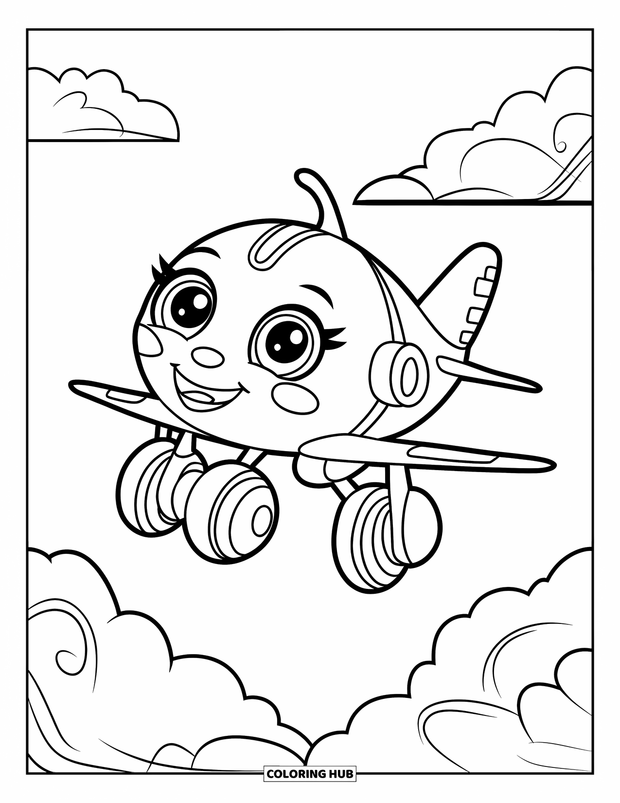 Jet Coloring Page for Kids: A baby jet with big wheels floats gently through fluffy clouds