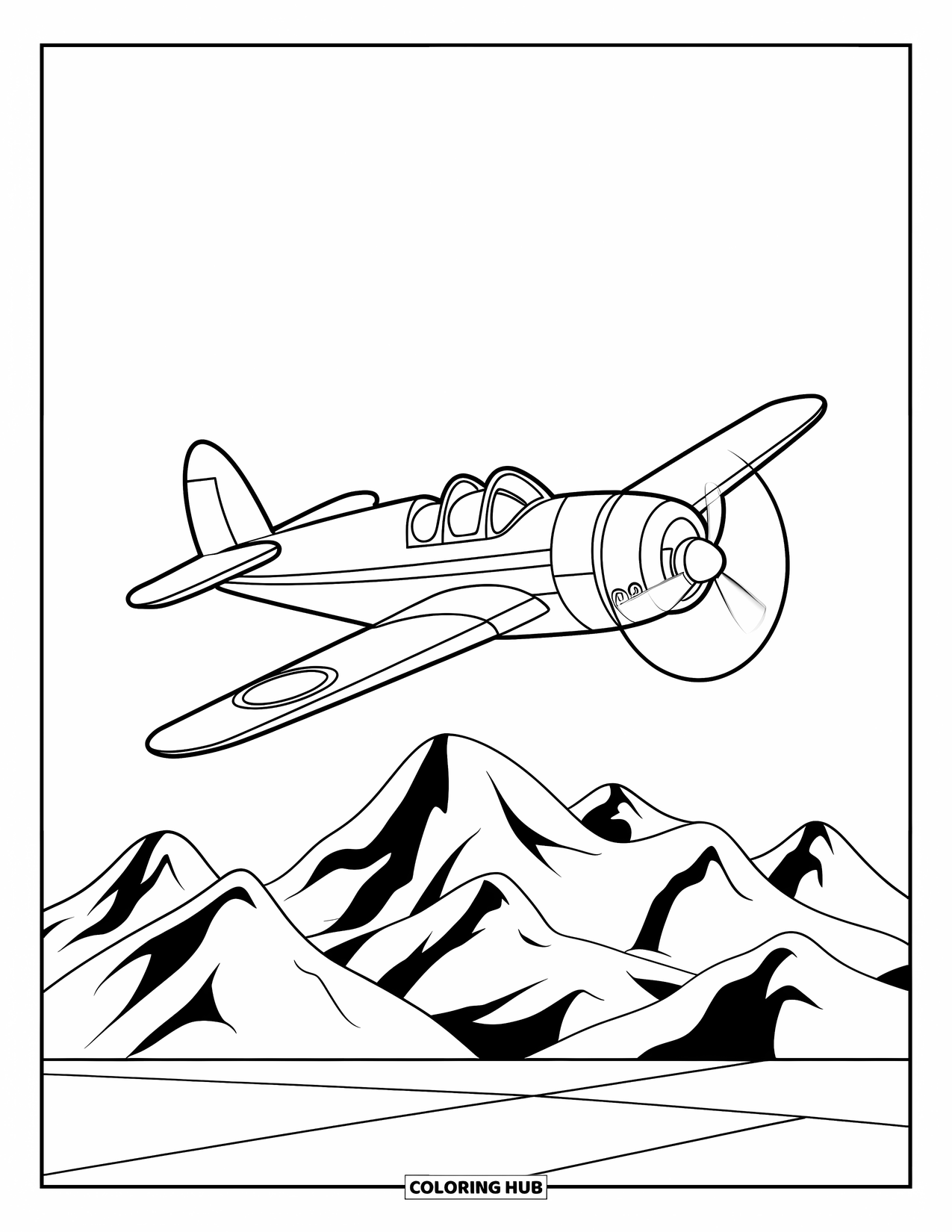 Jet Coloring Page for Kids: A biplane jet with a propeller soars over smooth mountain peaks and flat ground