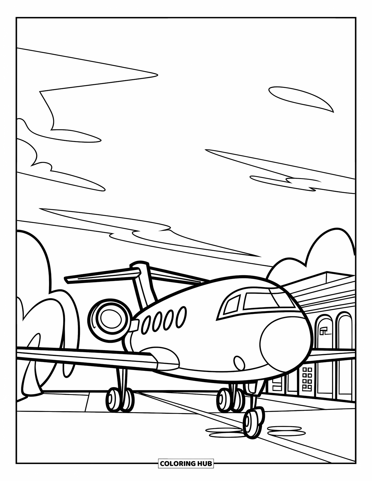 Jet Coloring Page for Kids: A cartoon jet parks by a terminal with trees and clouds in the sky