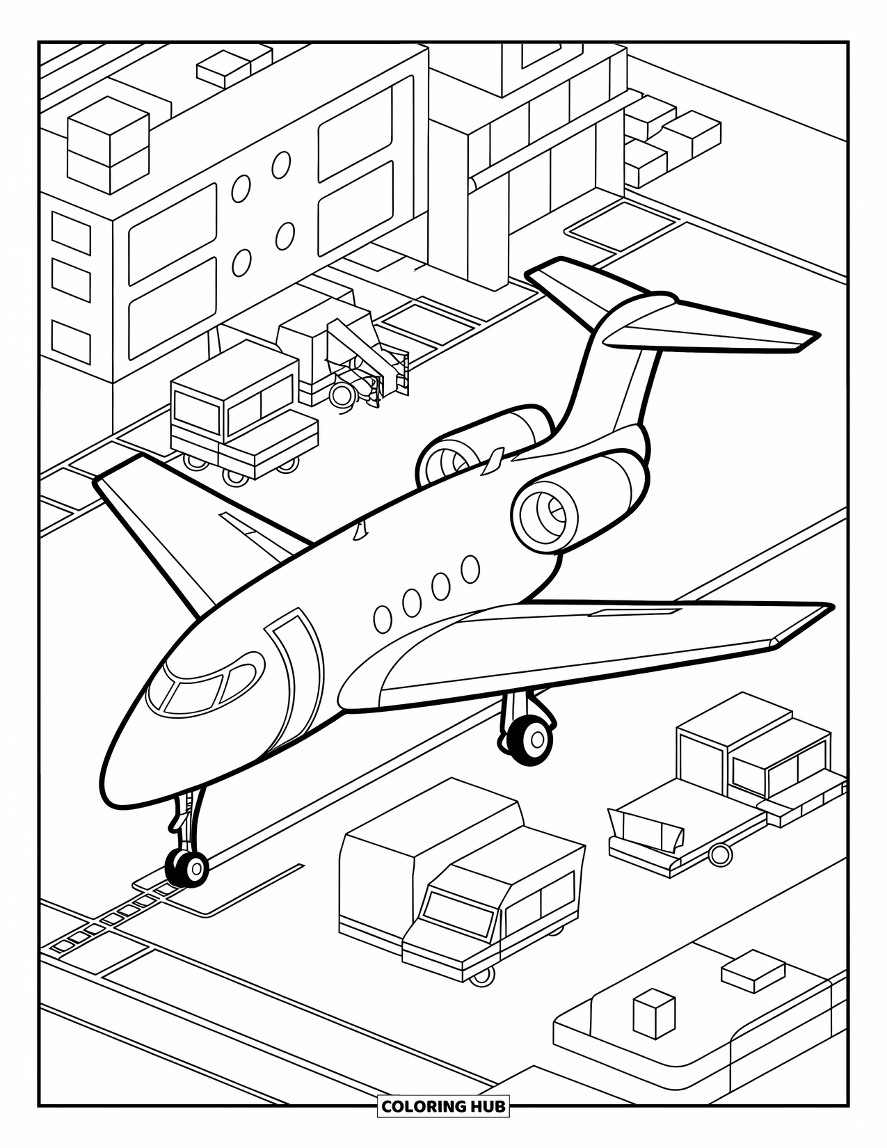 Jet Coloring Page for Kids: A cartoon jet ready for takeoff sits among airport vehicles and buildings