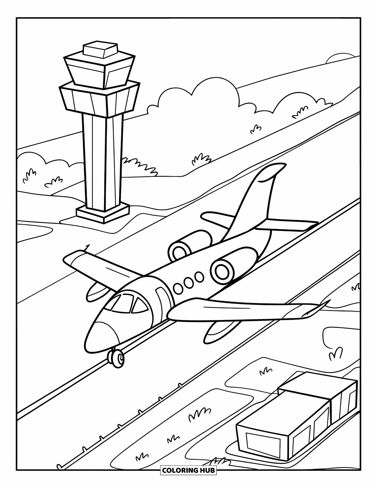 Jet Coloring Page for Kids: A cartoon jet waits for takeoff near a control tower on the runway