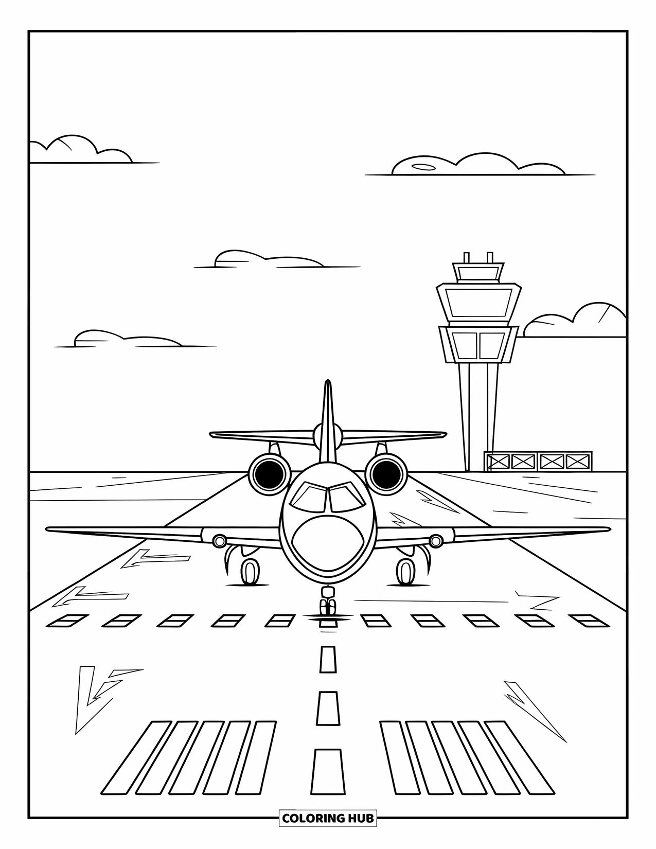 Jet Coloring Page for Kids: A cartoon jet with wings up waits on a runway lined with lights