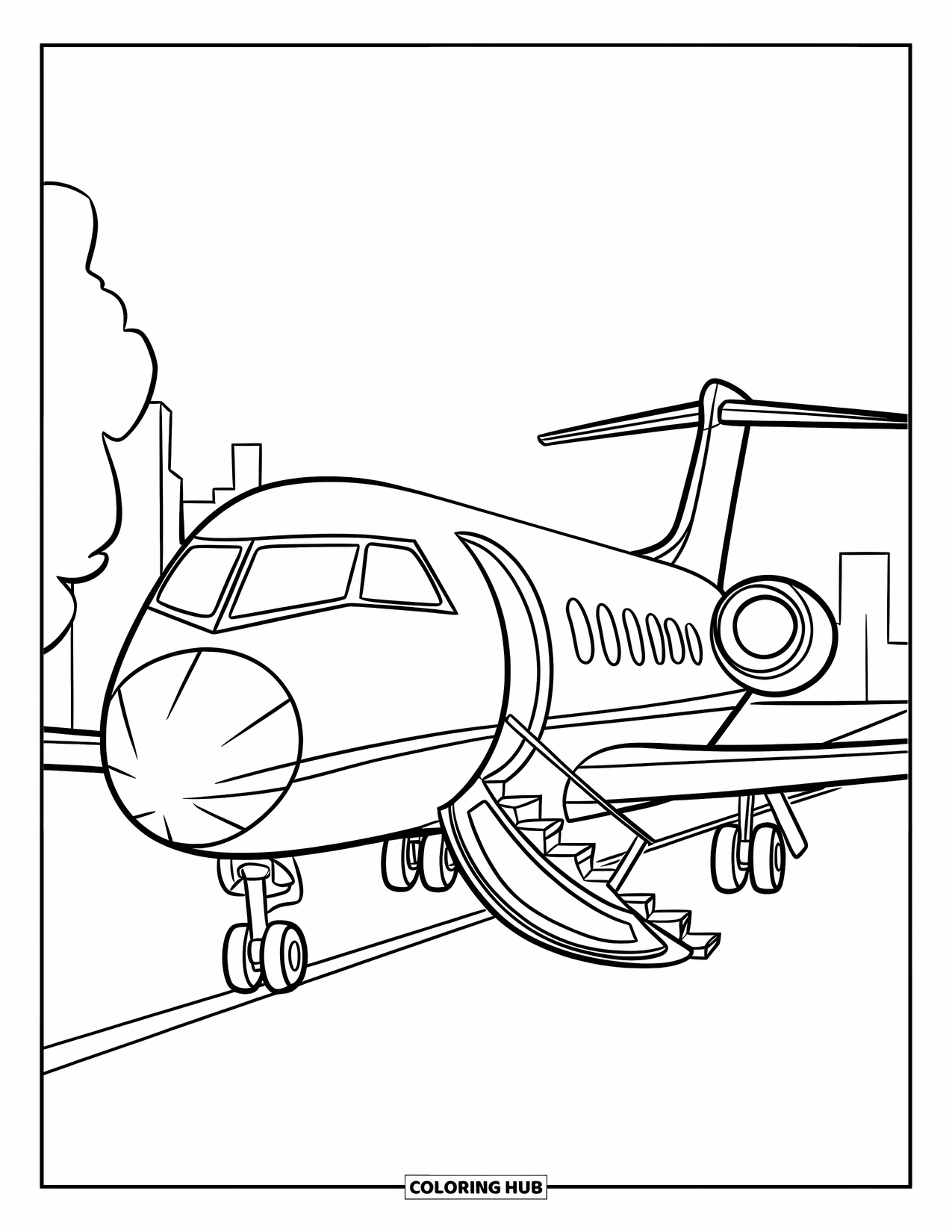 Jet Coloring Page for Kids: A commercial jet sits parked with doors open and a stairway rolled out