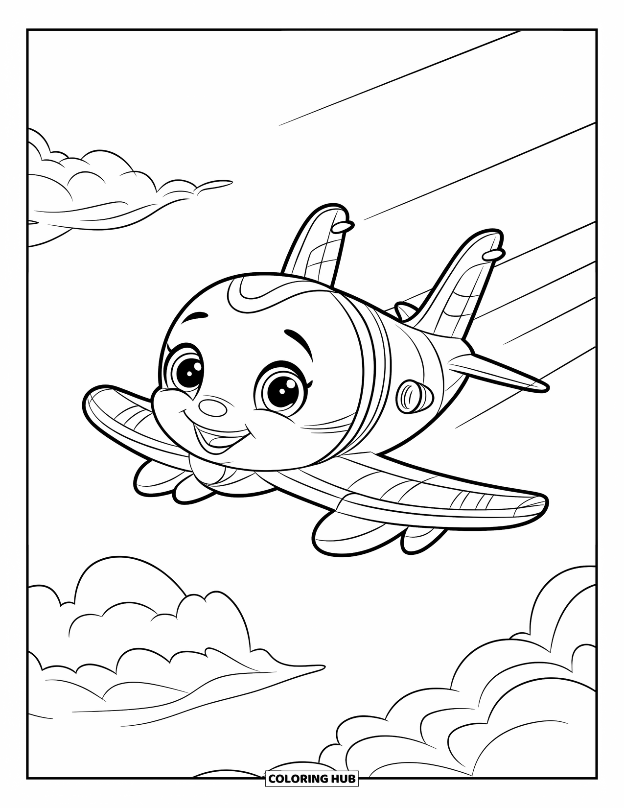 Jet Coloring Page for Kids: A cute baby jet with tiny wings drifts gently through fluffy clouds