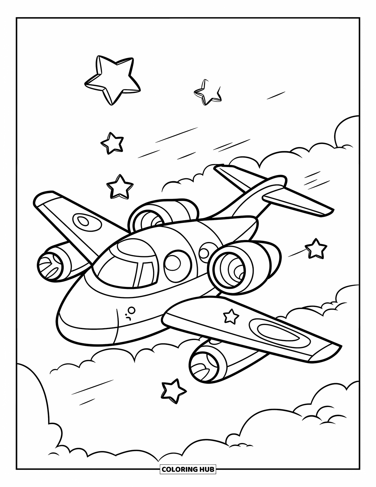 Jet Coloring Page for Kids: A cute jet with big windows flies among stars scattered in the sky