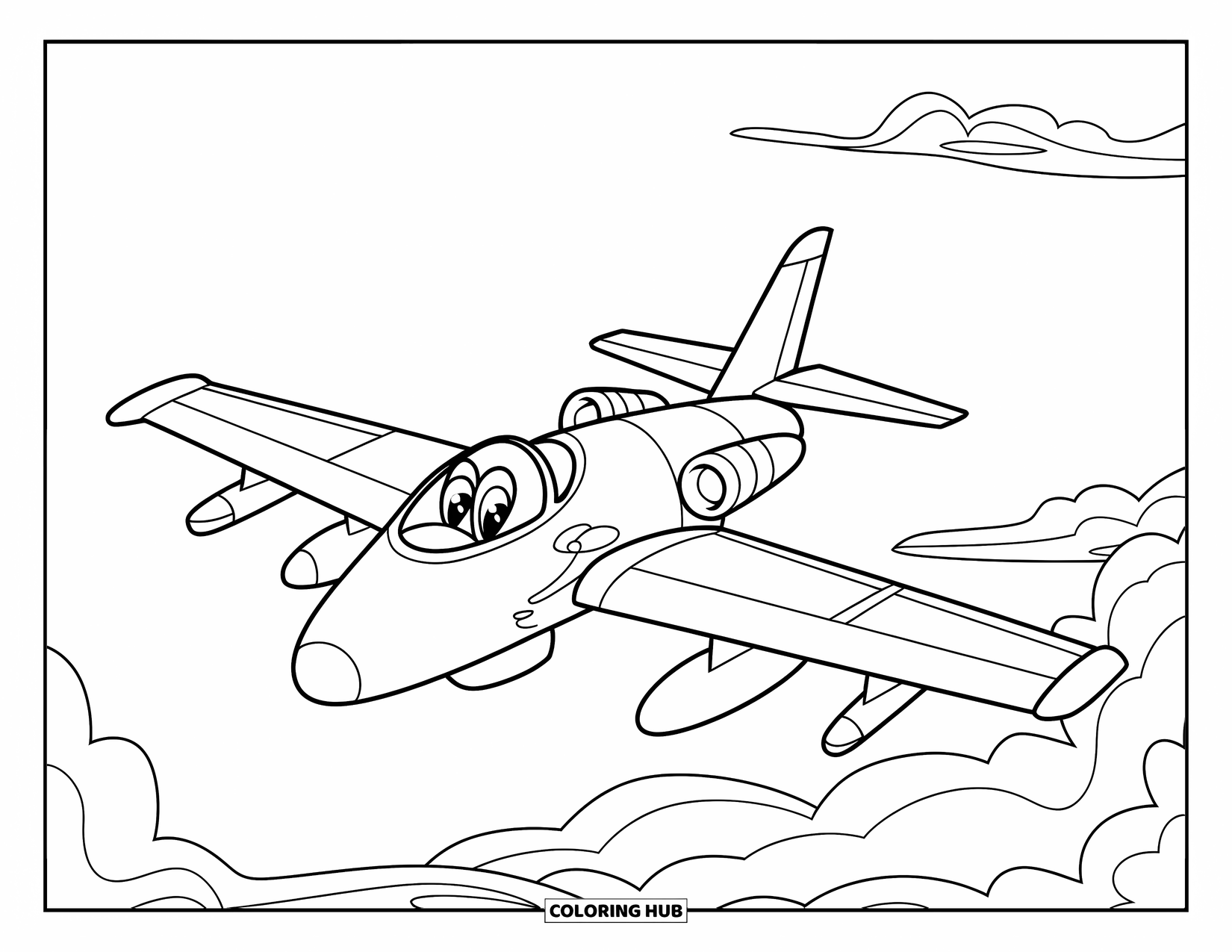 Jet Coloring Page for Kids: A happy jet with big wings soars high through fluffy, scattered clouds