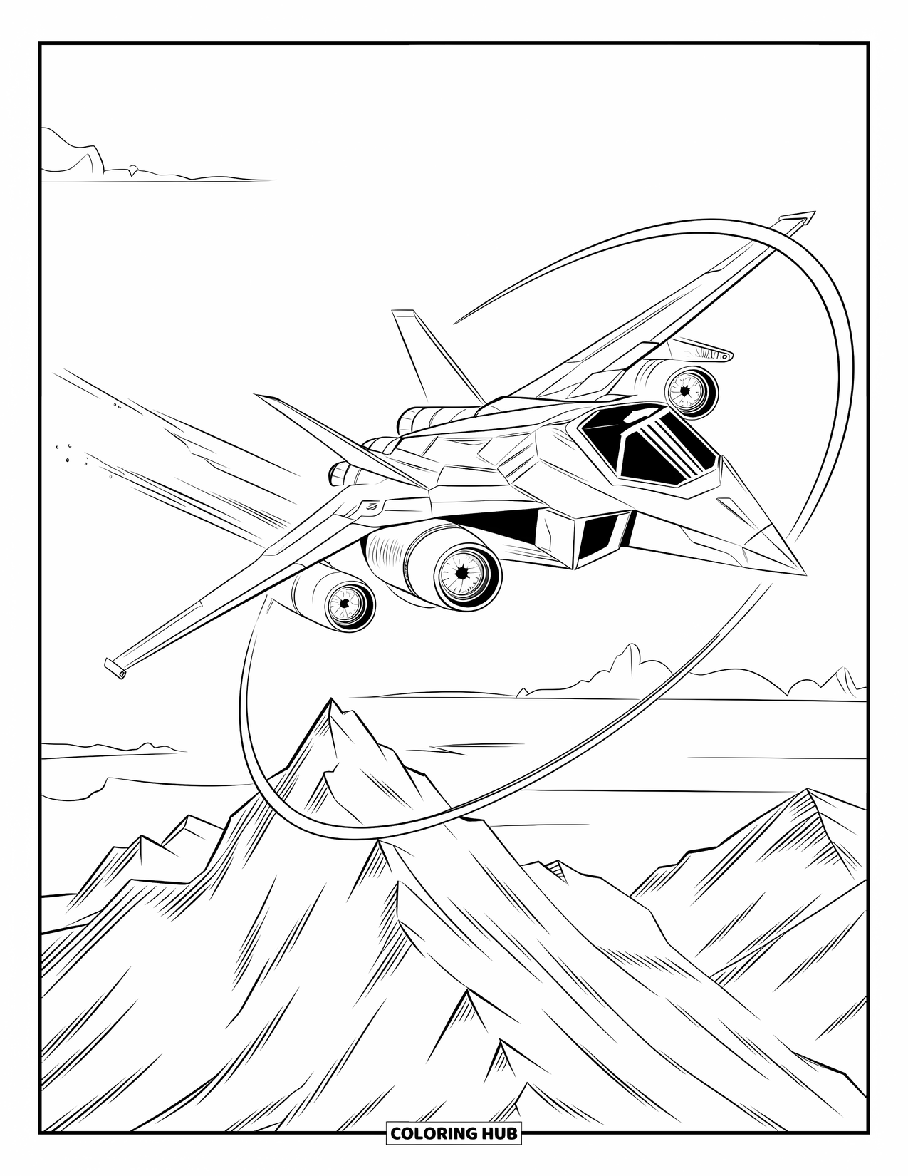 Jet Coloring Page for Kids: A jet flips in loops above jagged mountain peaks with a smoky trail