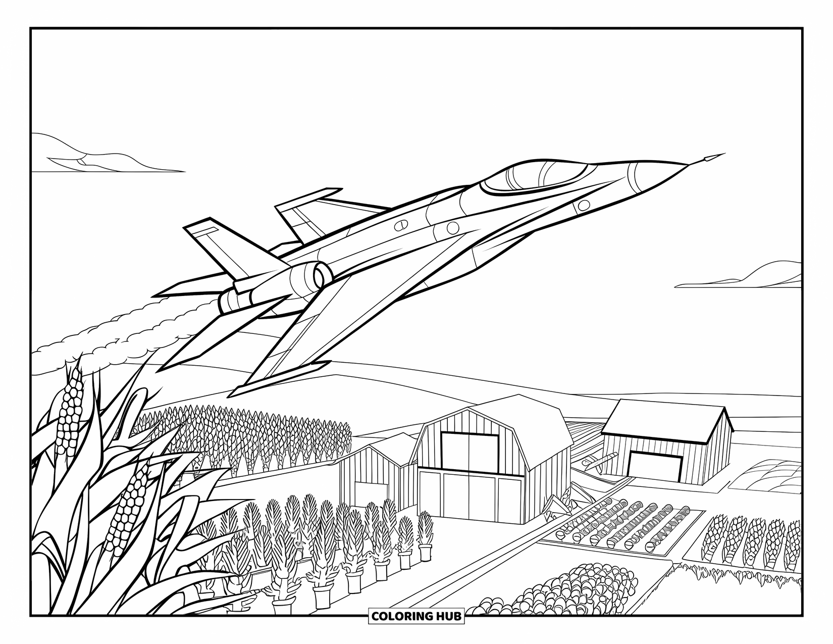 Jet Coloring Page for Kids: A jet leaves smoke trails above barns, crops, and open farmland
