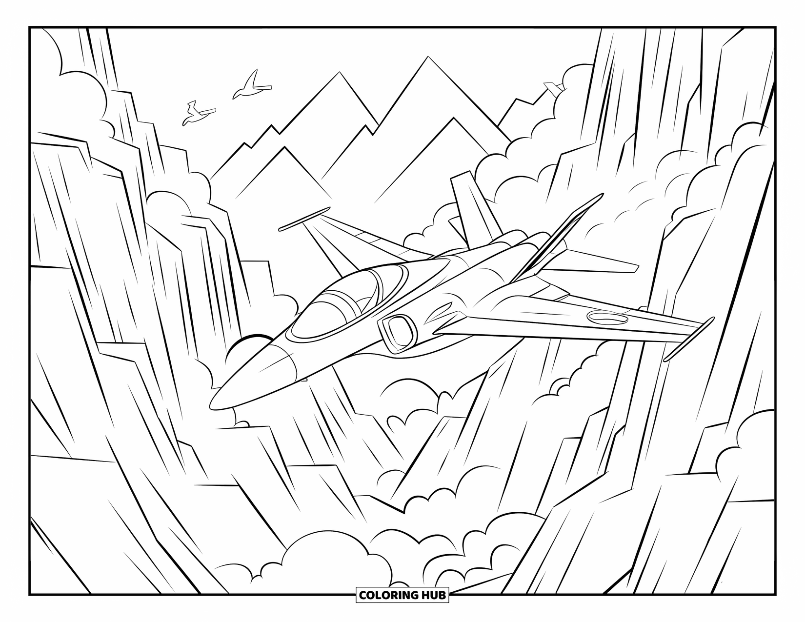Jet Coloring Page for Kids: A jet skims a misty canyon while birds fly above the cliffs