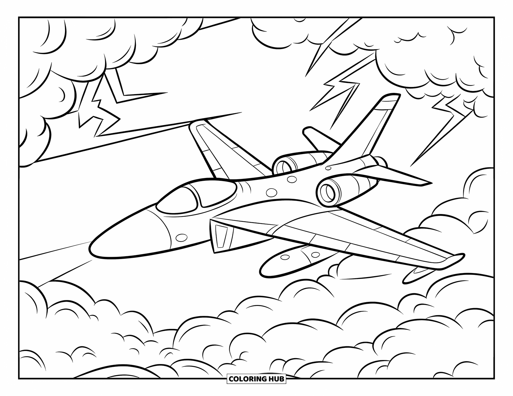Jet Coloring Page for Kids: A jet soars through storm clouds with lightning crackling nearby