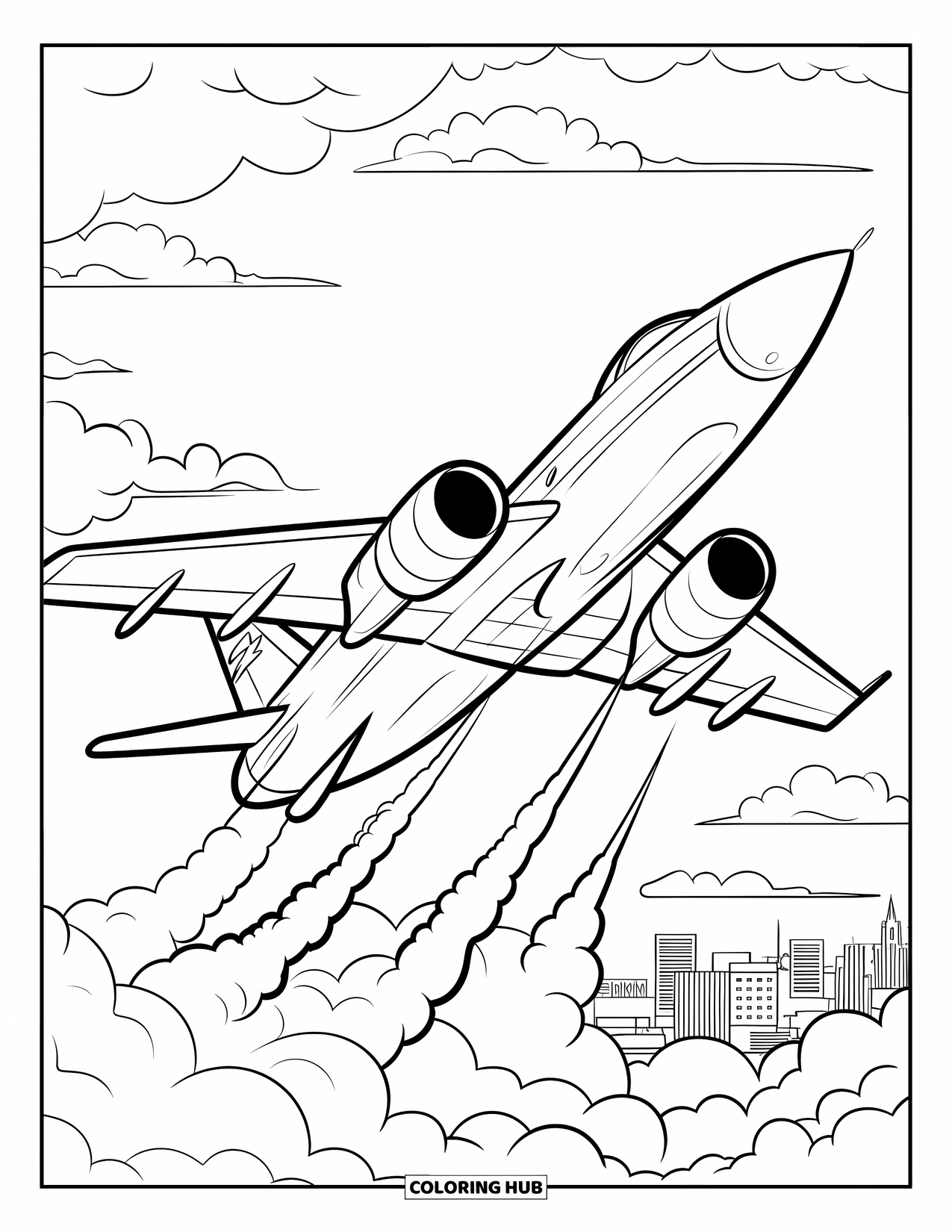 Jet Coloring Page for Kids: A jet takes off fast with smoke trails and a city skyline behind