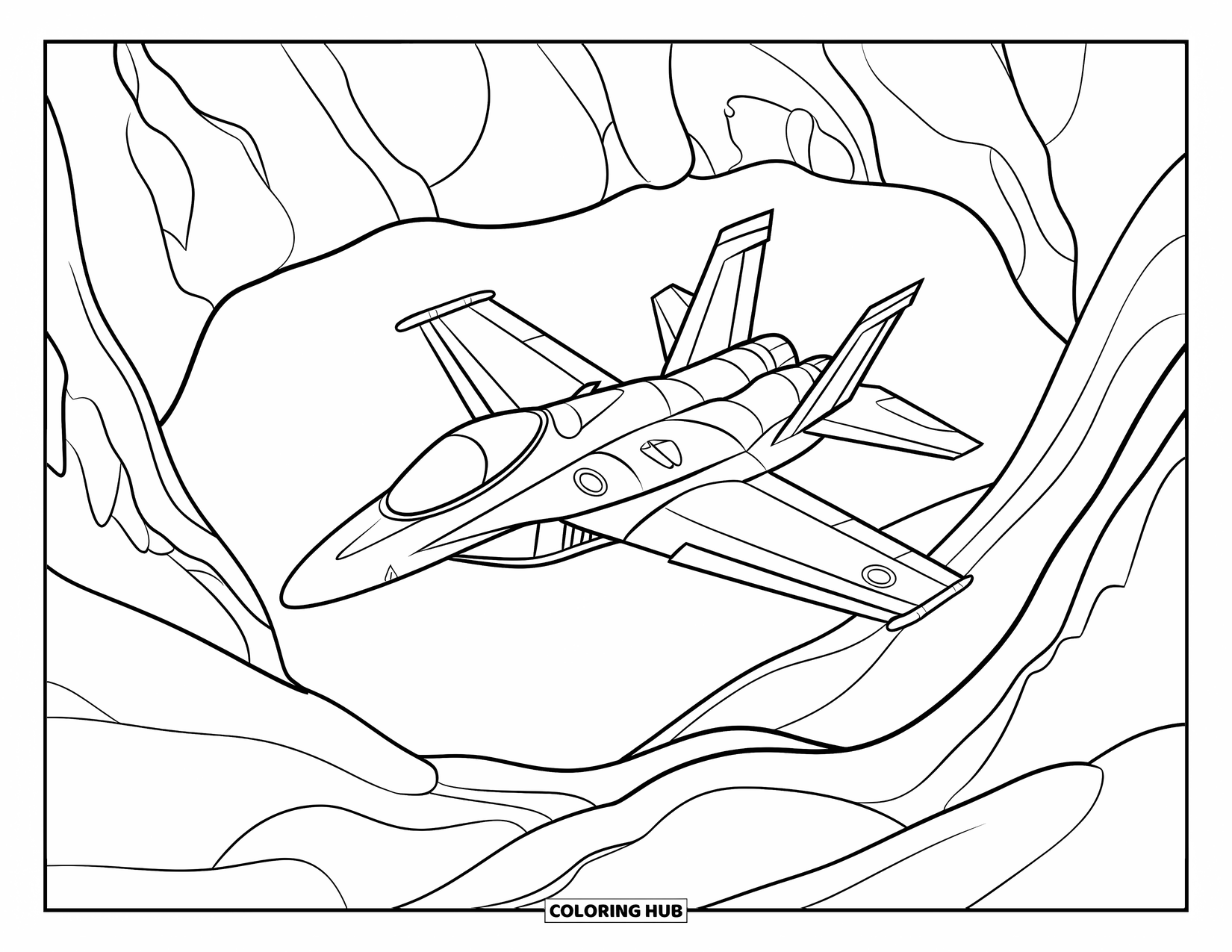 Jet Coloring Page for Kids: A jet twists through a curvy canyon with steep rock walls
