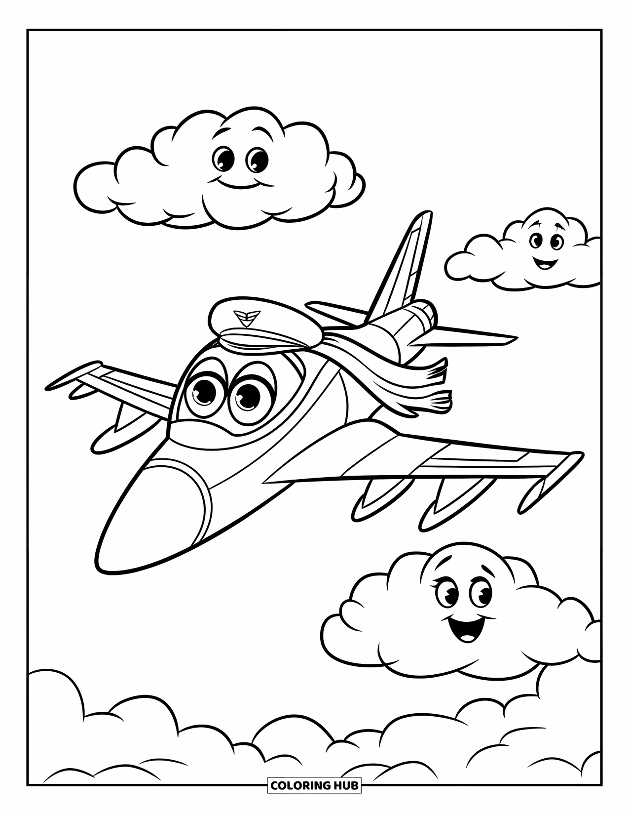 Jet Coloring Page for Kids: A jet with big eyes, hat, and scarf flies through smiling puffy clouds