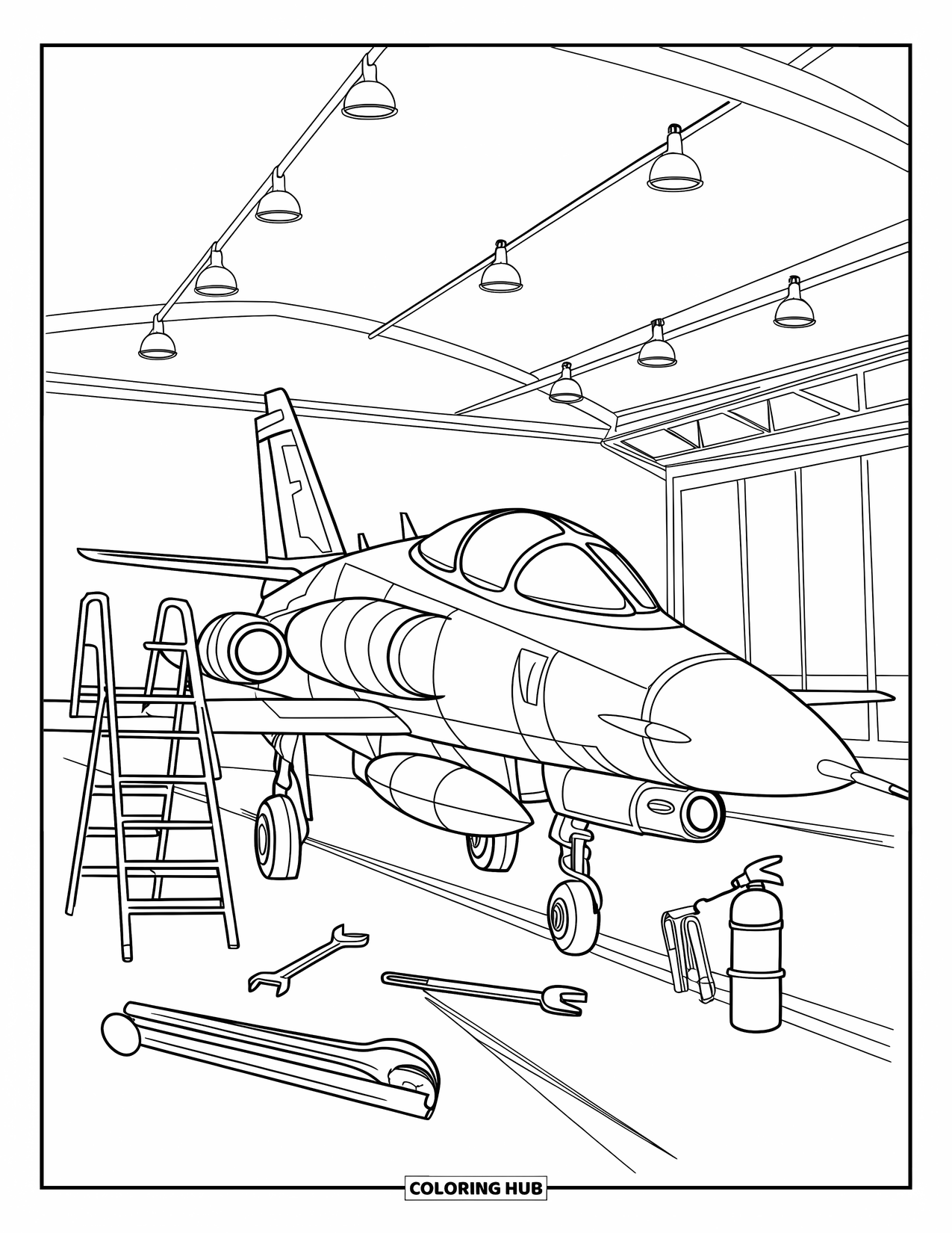 Jet Coloring Page for Kids: A jet with big windows stands in a hangar with wrenches and a ladder