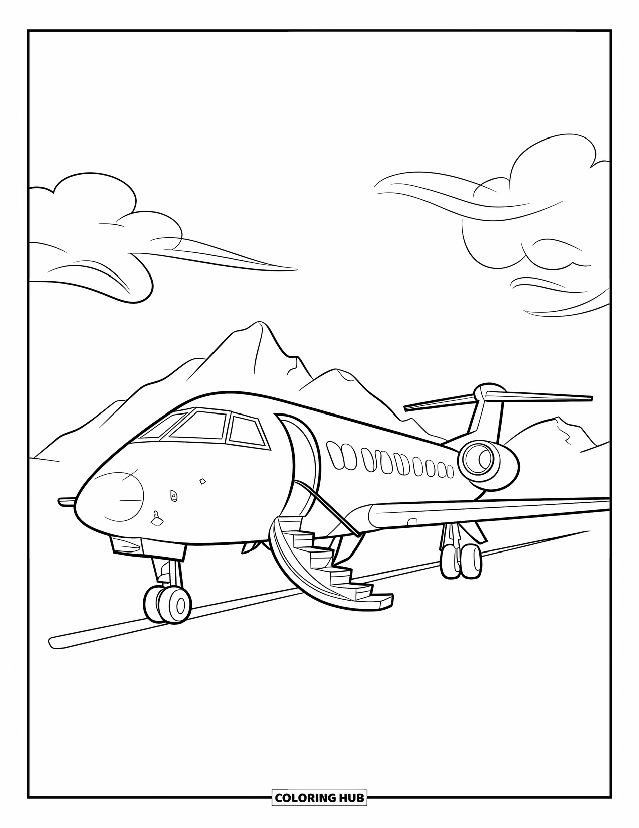 Jet Coloring Page for Kids: A jet with open doors and stairway rests on a runway near mountains