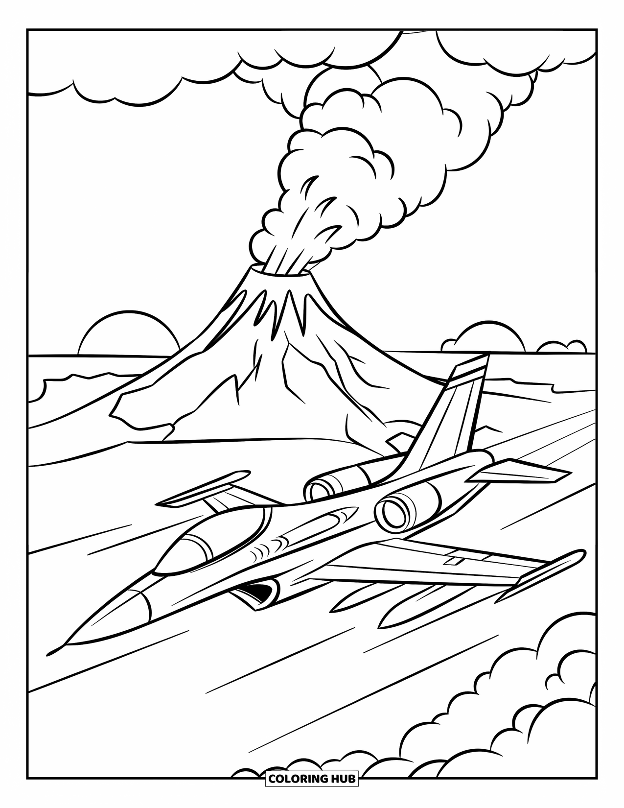 Jet Coloring Page for Kids: A jet zooms past a volcano erupting under a setting sun