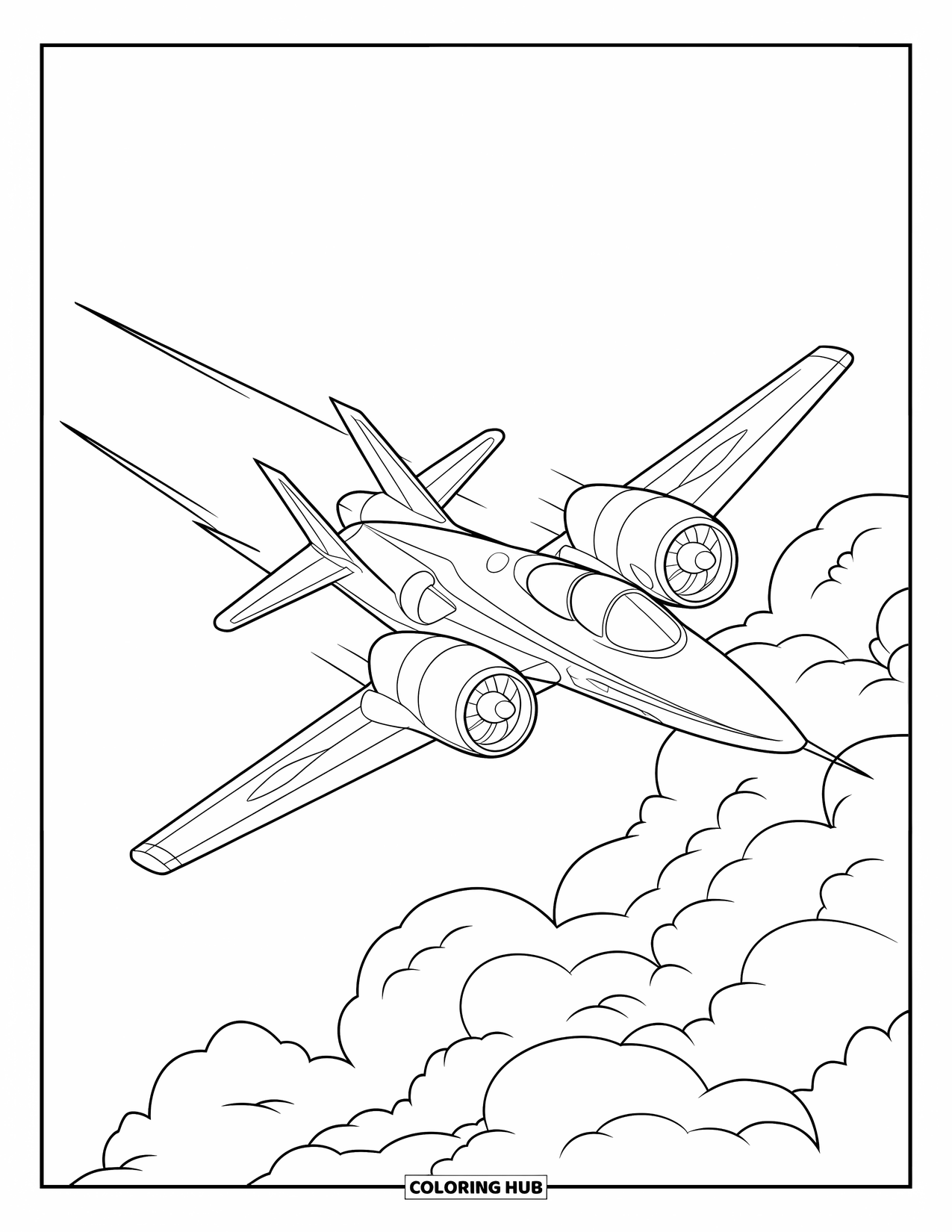 Jet Coloring Page for Kids: A racing jet speeds ahead with twin propellers and motion lines