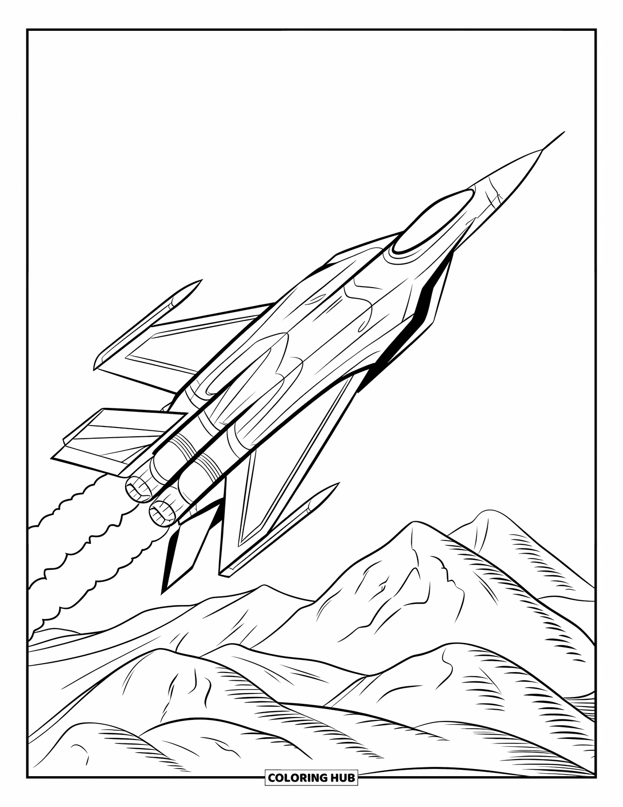 Jet Coloring Page for Kids: A sleek jet loops above mountains, leaving smoke trails in clear skies