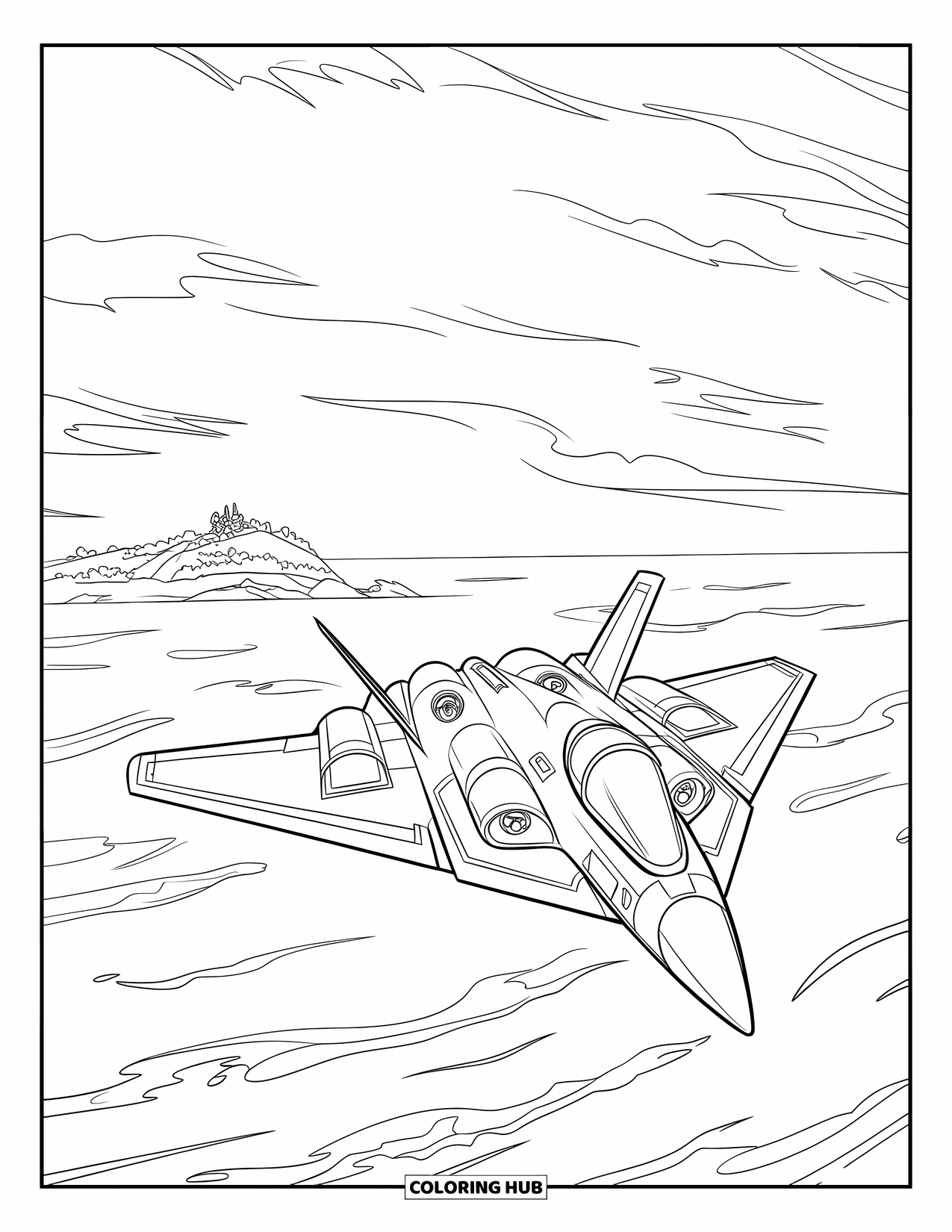 Jet Coloring Page for Kids: A stealth jet skims rough ocean waves heading for an island in the distance