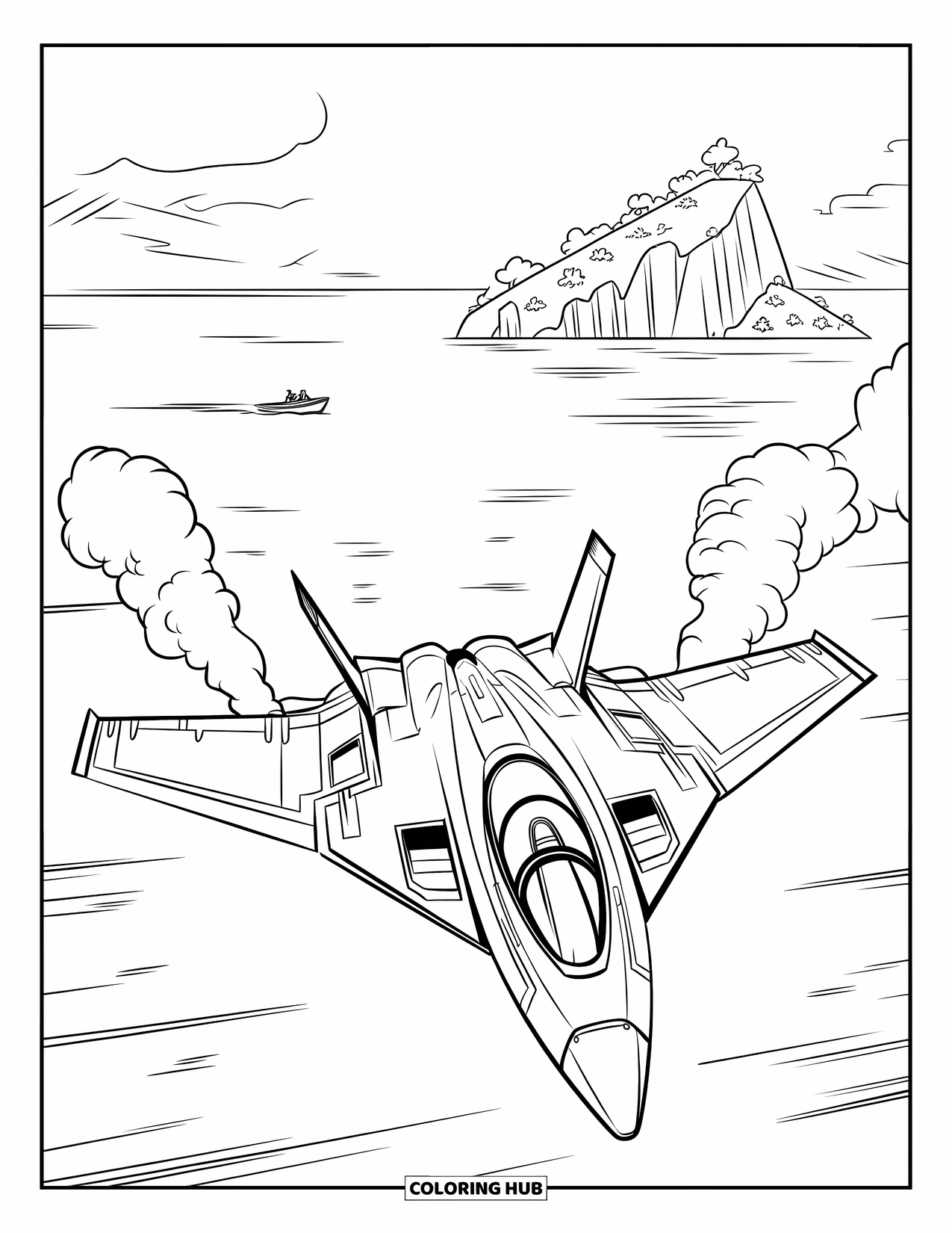 Jet Coloring Page for Kids: A stealth jet streaks over calm ocean waves toward an island and tiny boat