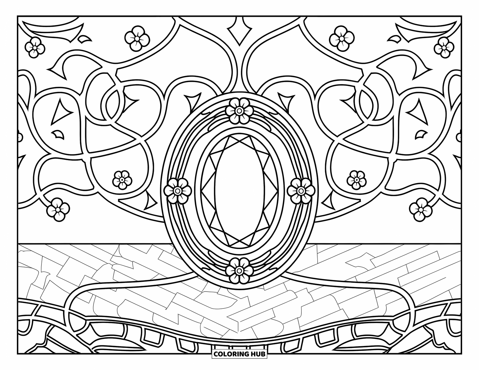 Jewelry Coloring Page for Adults: Detailed oval gemstone ring surrounded by interwoven vines and flowers