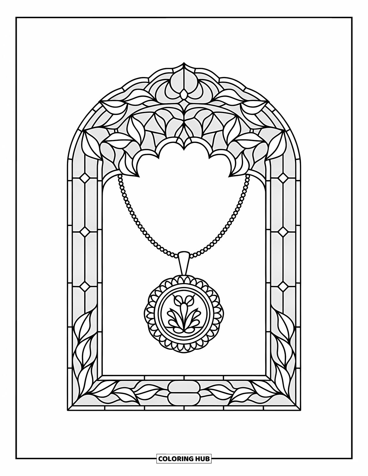 Jewelry Coloring Page for Adults: Floral pendant necklace inside a stained glass frame