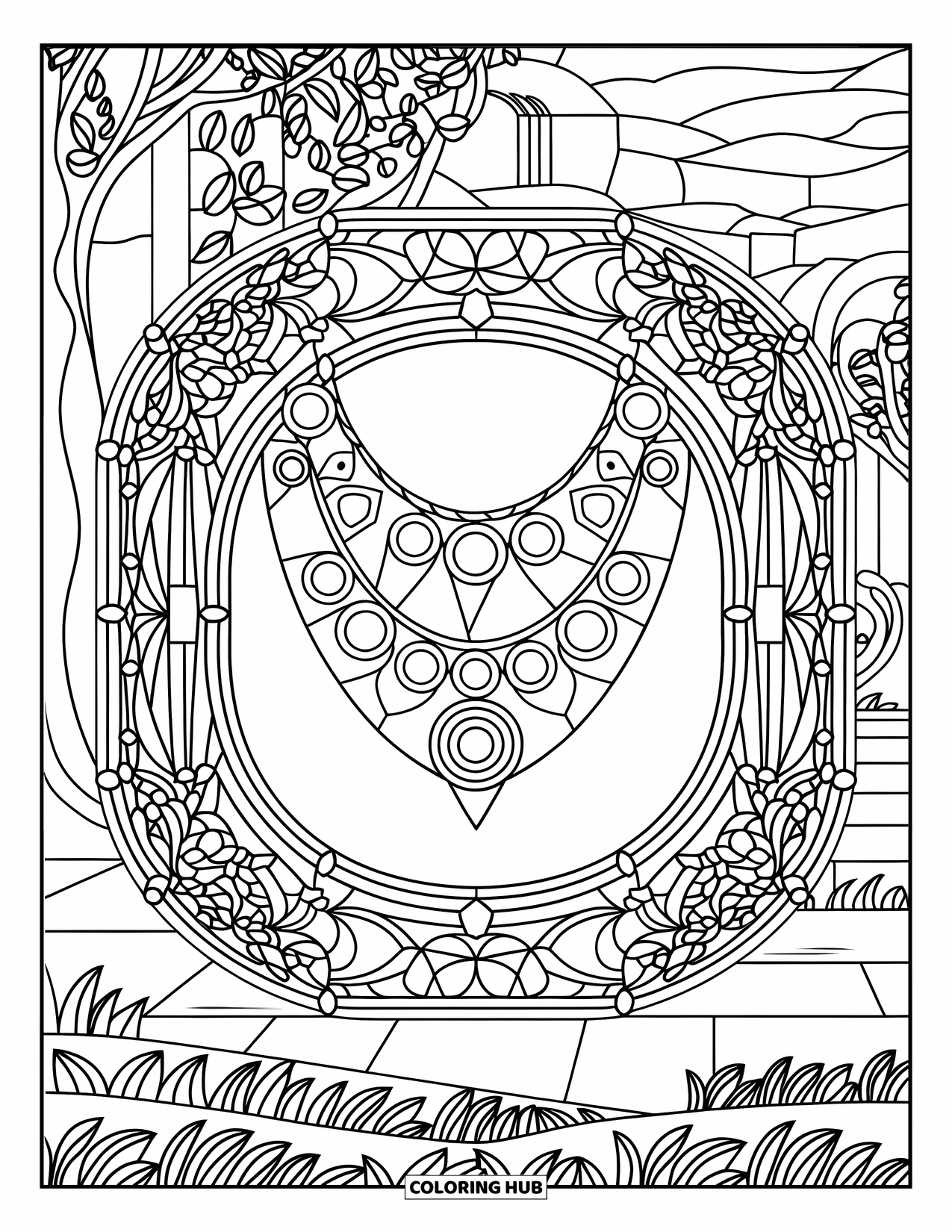 Jewelry Coloring Page for Adults: Geometric pendant necklace framed by floral stained glass patterns