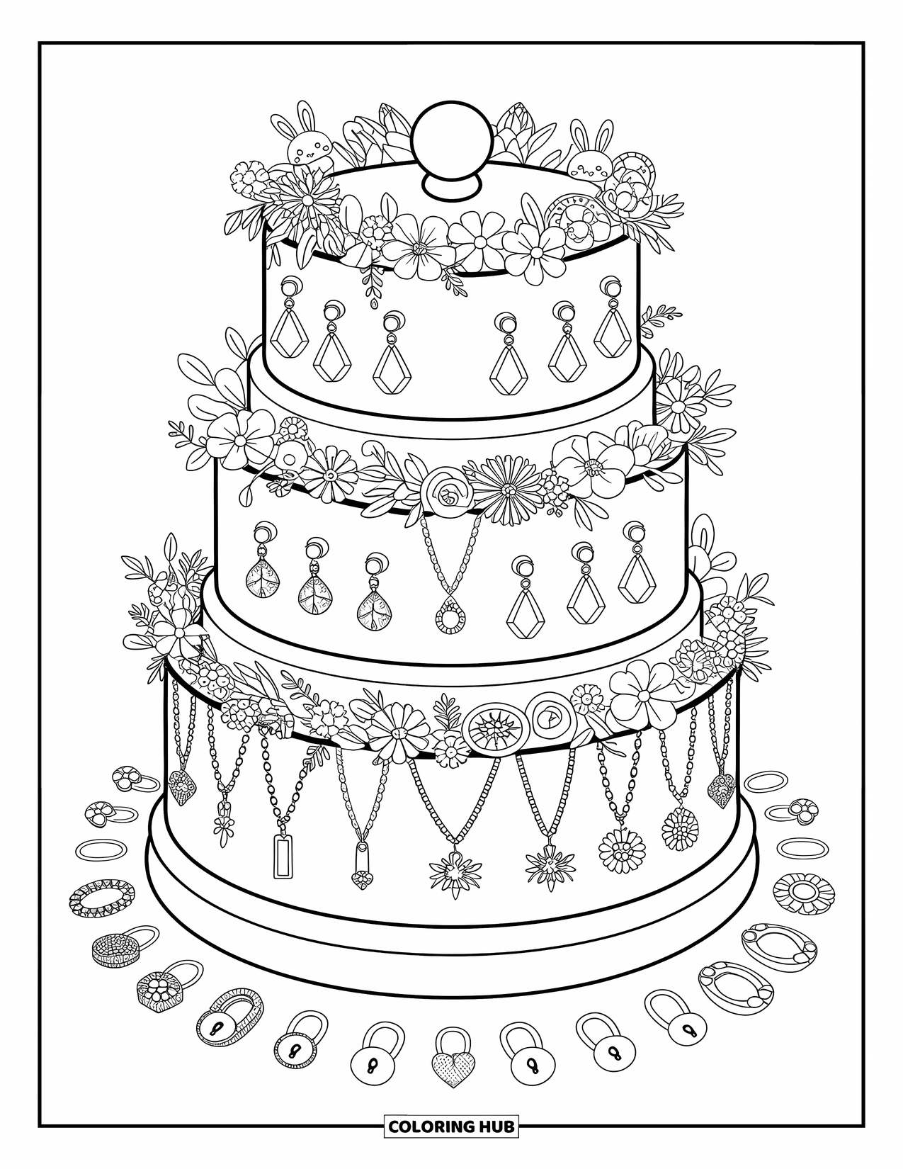 Jewelry Coloring Page for Adults: Jewelry rack filled with bows, crystals, and playful pendants