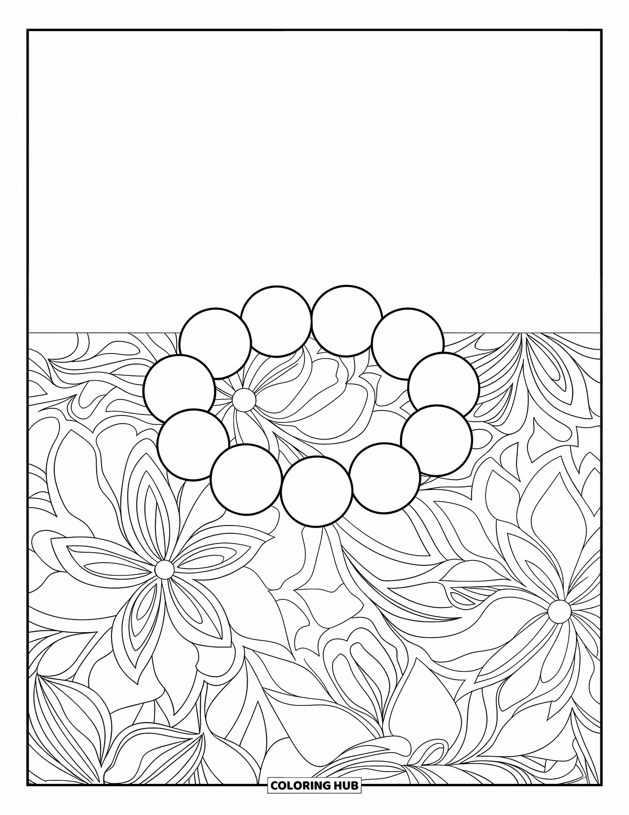Jewelry Coloring Page for Adults: Large beaded bracelet displayed over floral and leafy mandalas