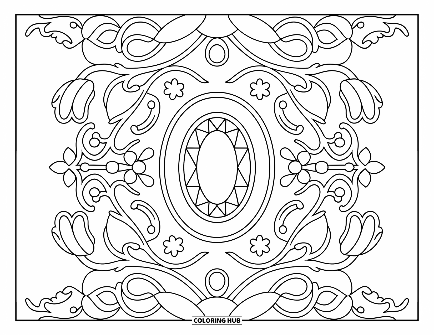 Jewelry Coloring Page for Adults: Large oval gemstone ring with floral and vine details