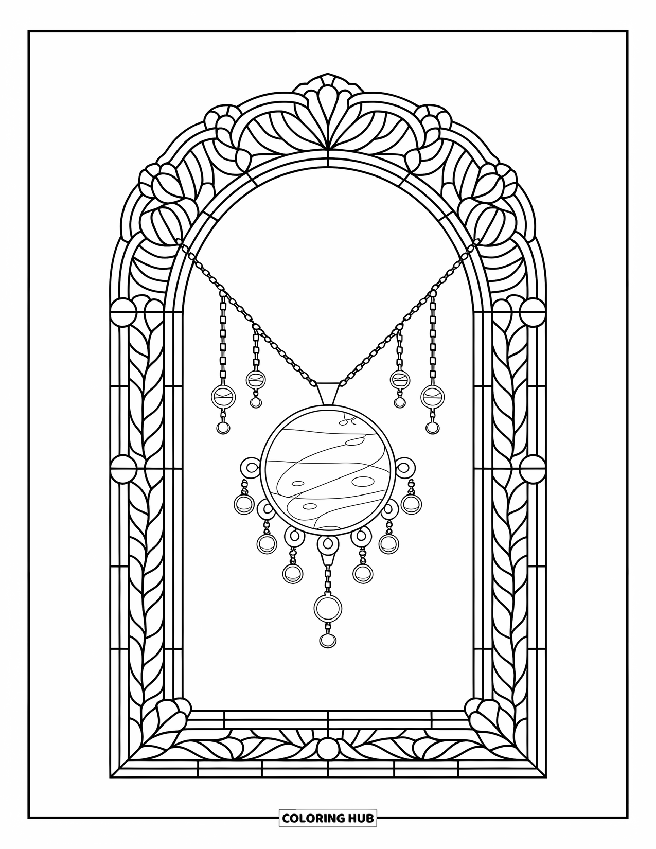 Jewelry Coloring Page for Adults: Pendant necklace with swirling patterns framed in stained glass