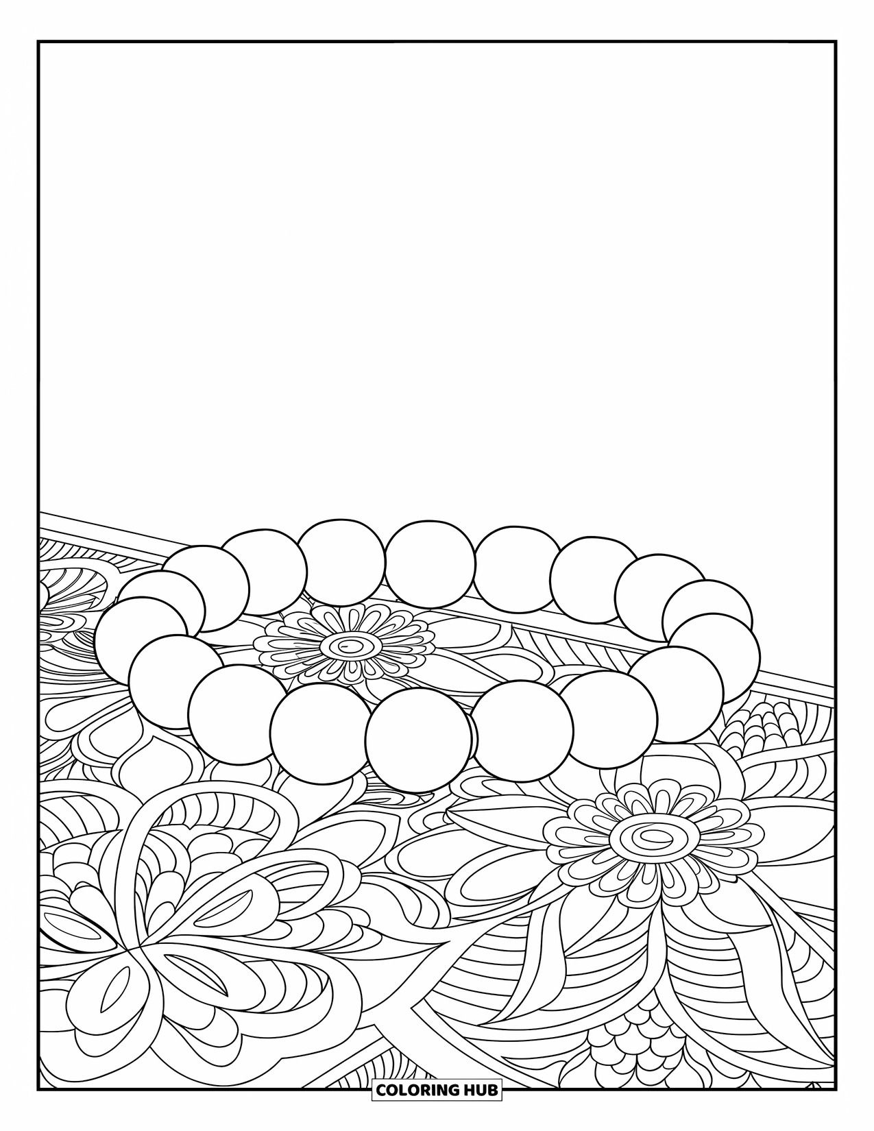 Jewelry Coloring Page for Adults: Round beaded bracelet resting on floral mandala designs