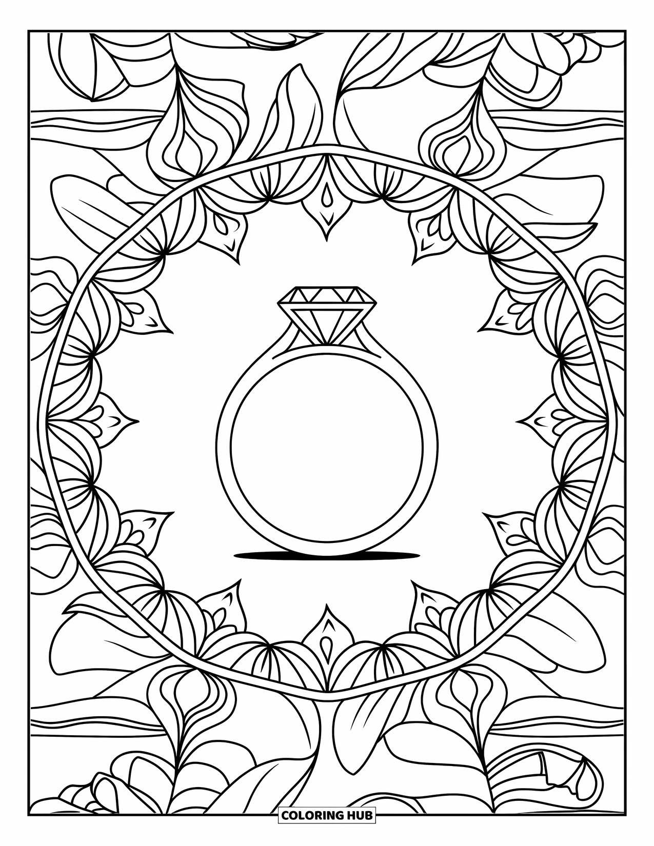 Jewelry Coloring Page for Adults: Solitaire ring framed with flowers, leaves, and vines