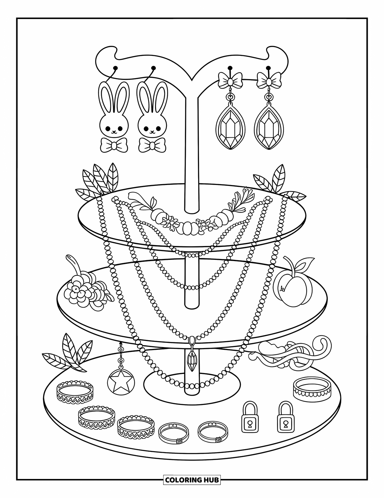 Jewelry Coloring Page for Adults: Three-tier jewelry rack with bunny earrings and floral necklaces