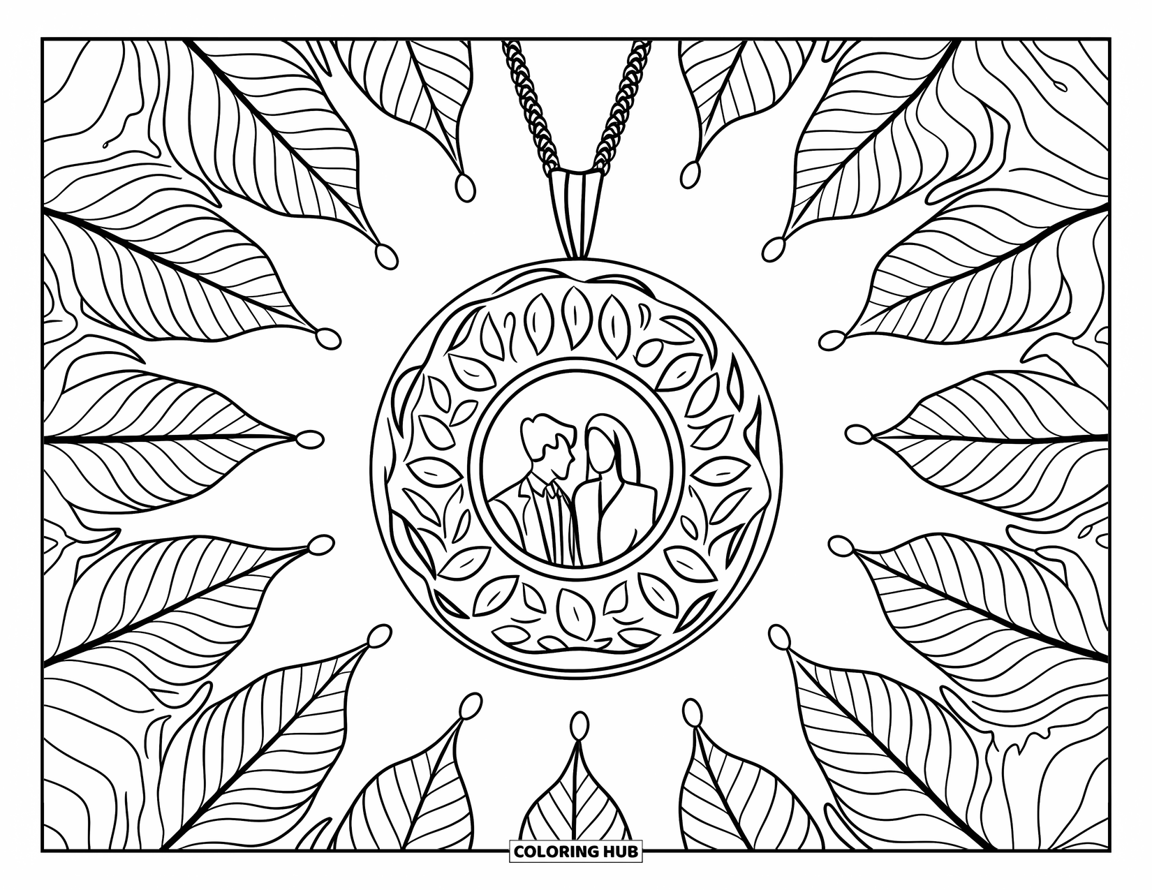 Jewelry Coloring Page for Adults: Vintage locket with a couple's photo surrounded by leafy mandalas