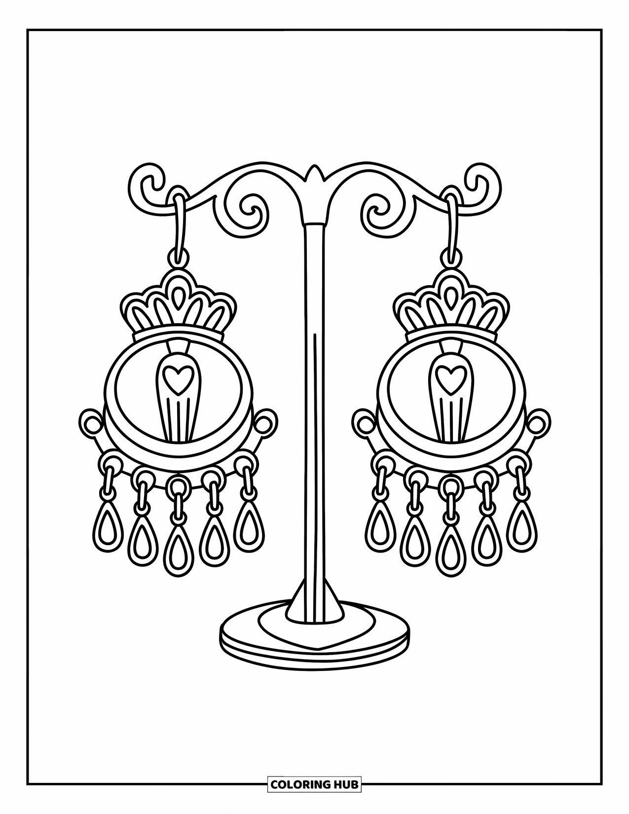 Jewelry Coloring Page for Kids: Chandelier earrings with crown and scepter design on a stand