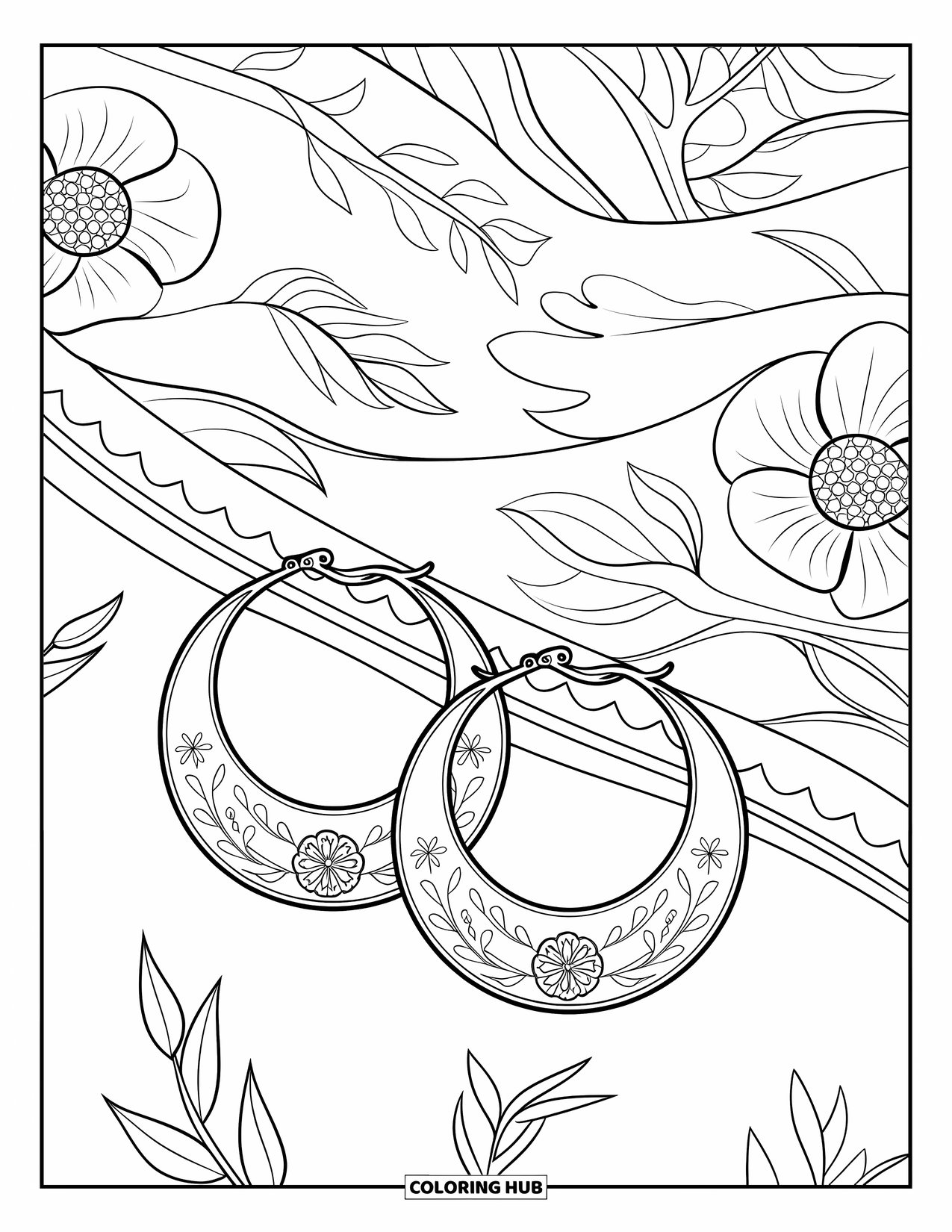 Jewelry Coloring Page for Kids: Detailed hoop earrings with flowers and vines on patterned fabric