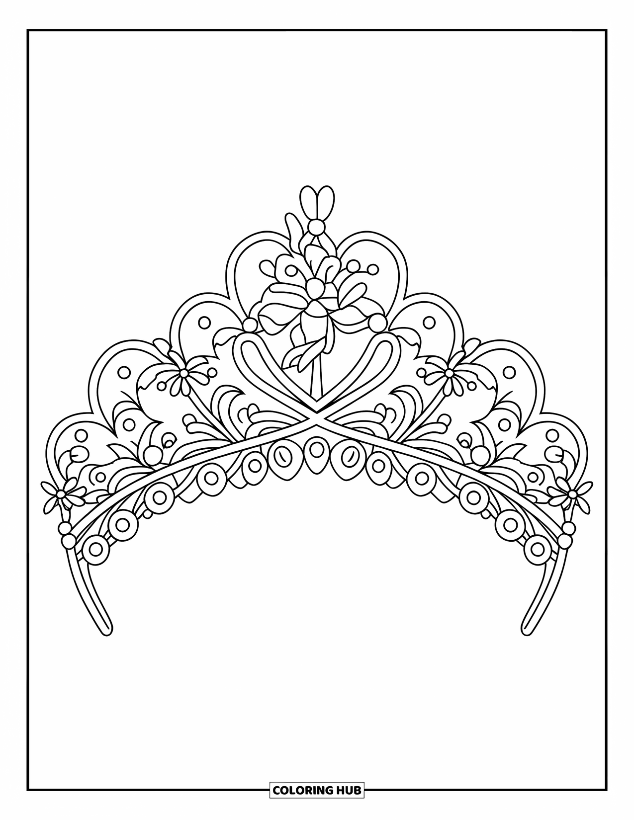 Jewelry Coloring Page for Kids: Detailed tiara decorated with intertwined flowers and leaves