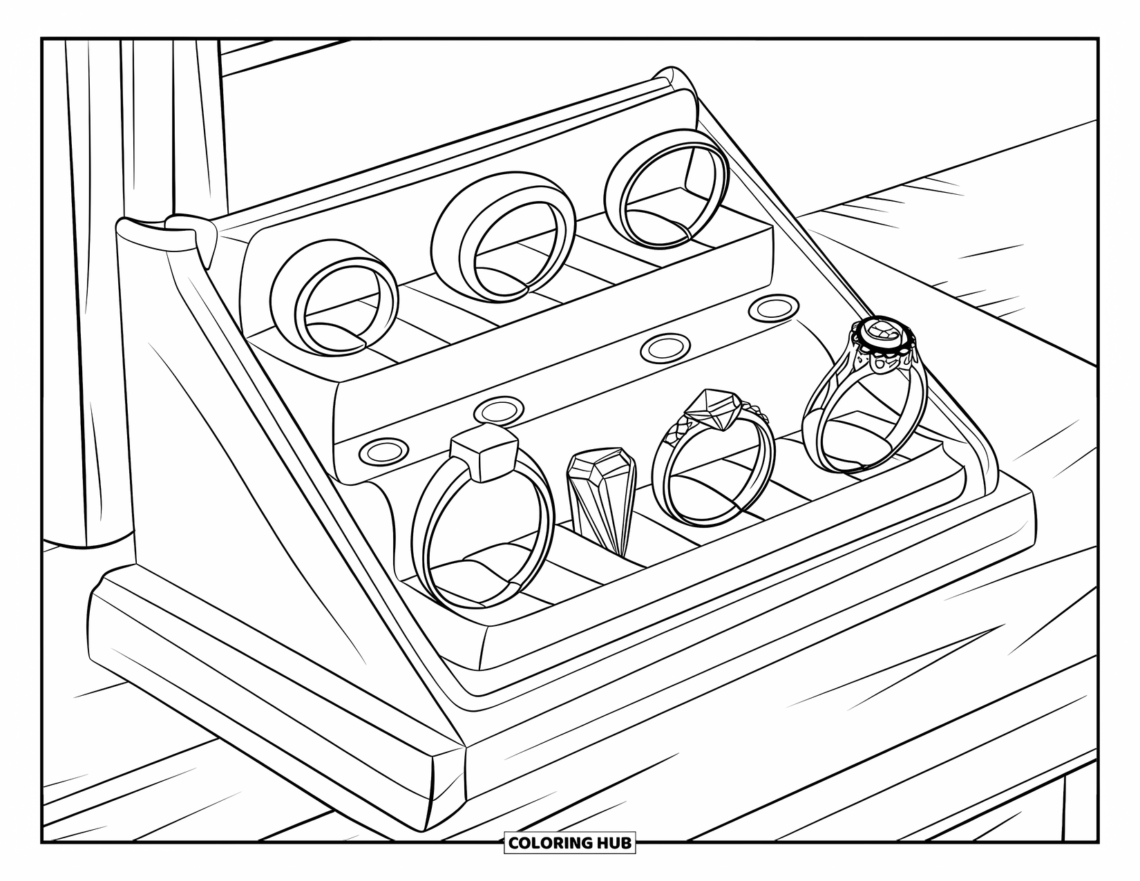 Jewelry Coloring Page for Kids: Display tray filled with various rings arranged neatly