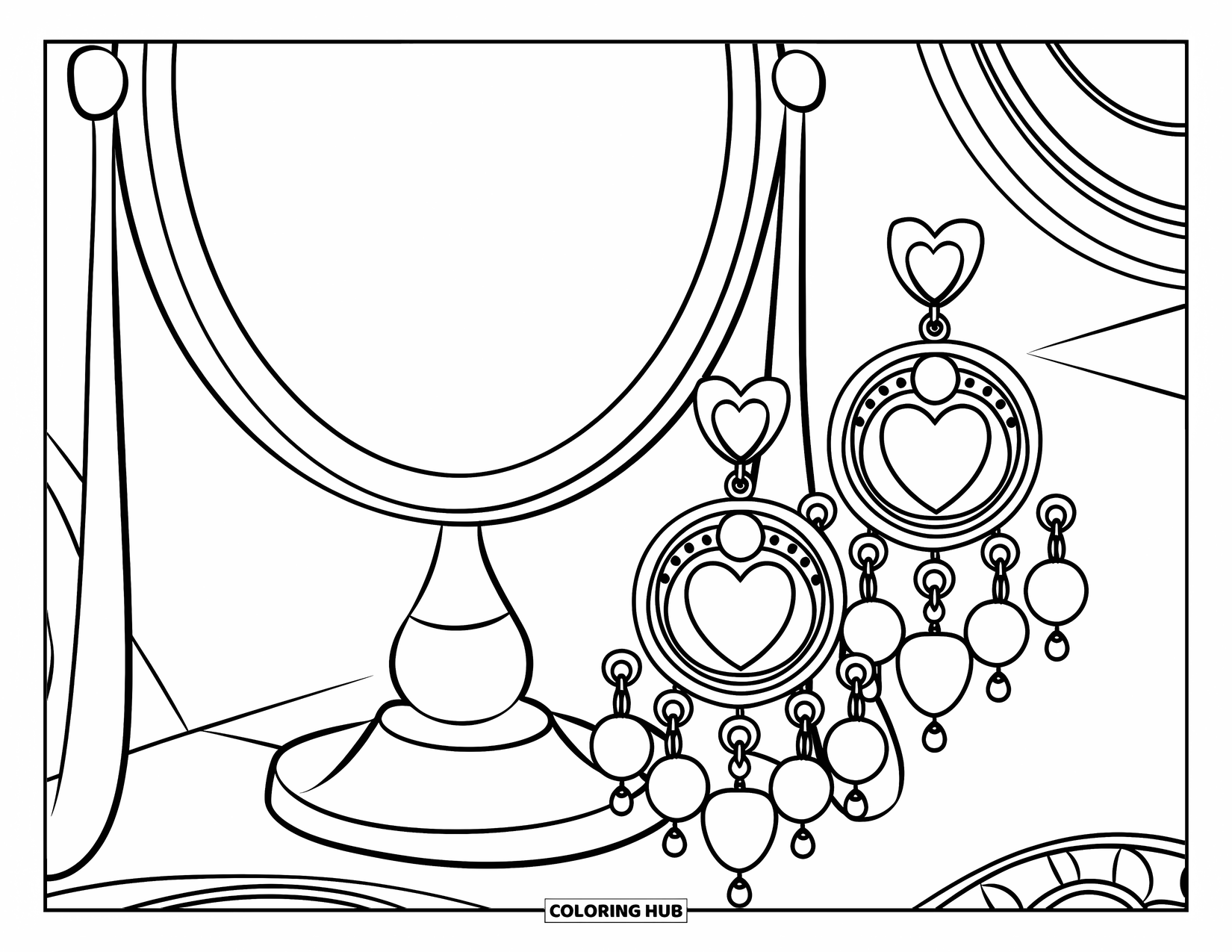 Jewelry Coloring Page for Kids: Earrings with heart, star, and moon shapes displayed next to a mirror