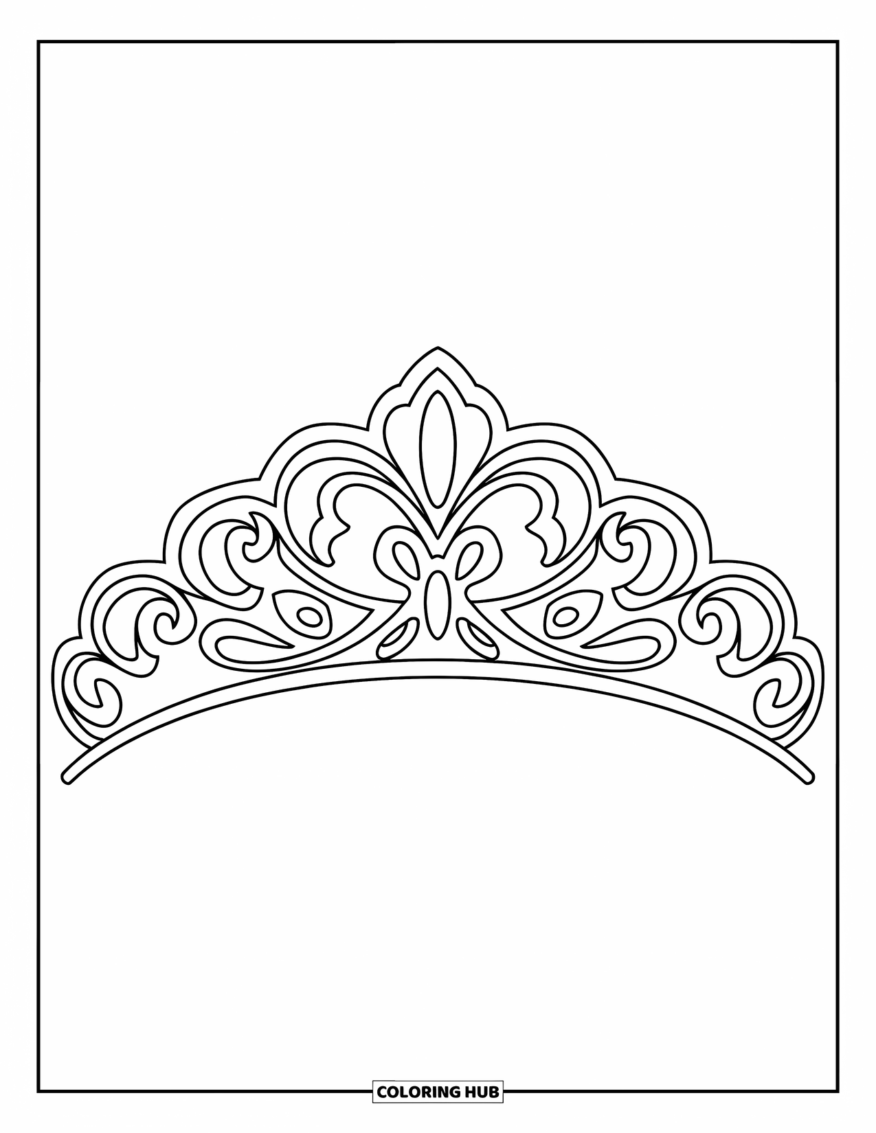 Jewelry Coloring Page for Kids: Elegant tiara with floral patterns and bold outlines