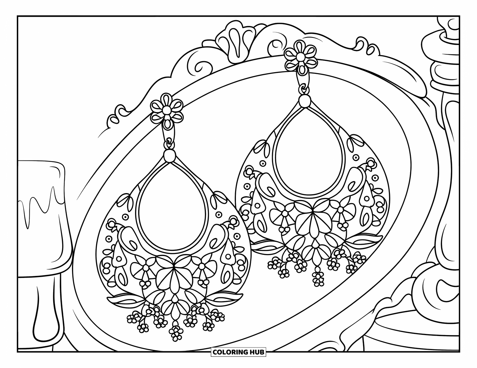 Jewelry Coloring Page for Kids: Floral chandelier earrings resting by a mirror and candlestick