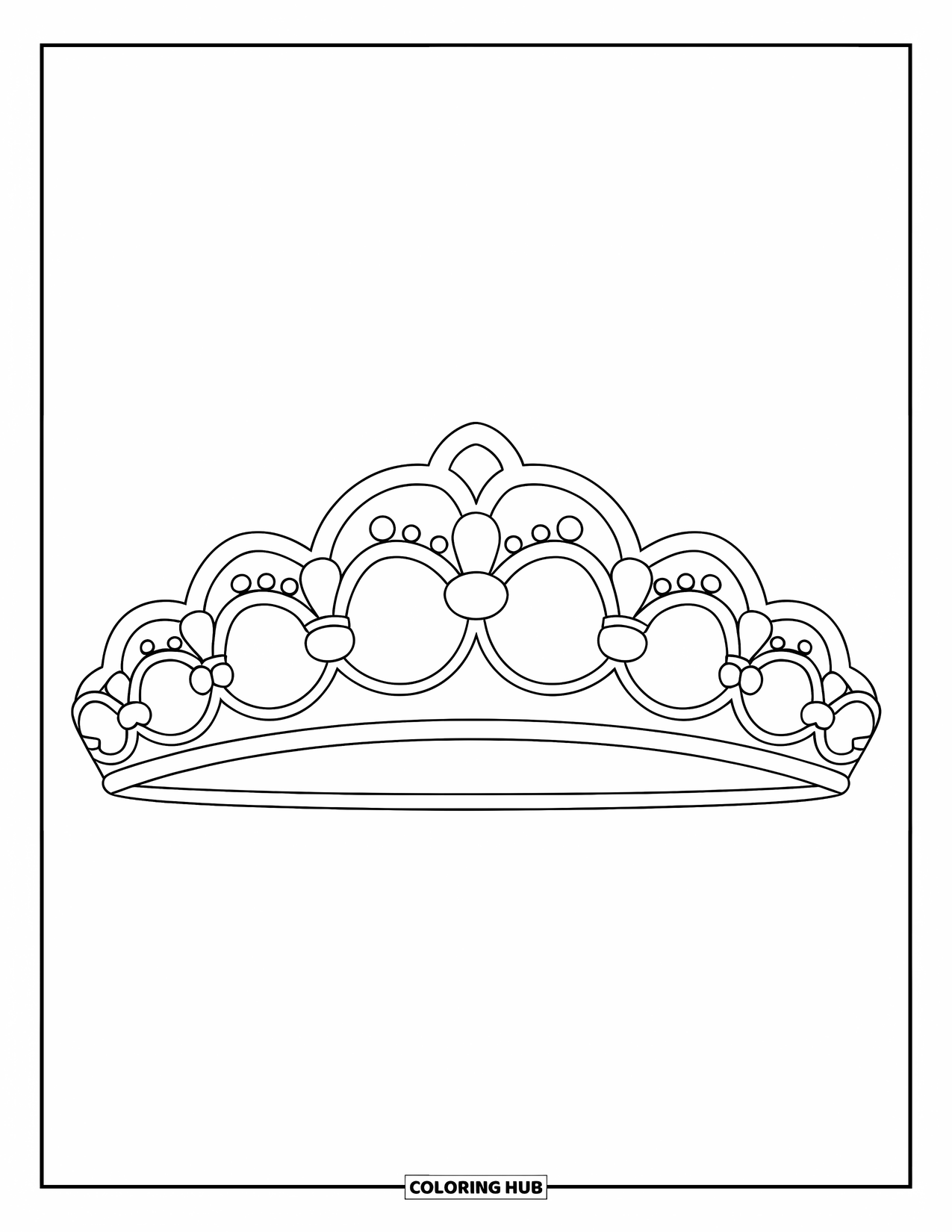 Jewelry Coloring Page for Kids: Floral tiara with elegant scrollwork and arches